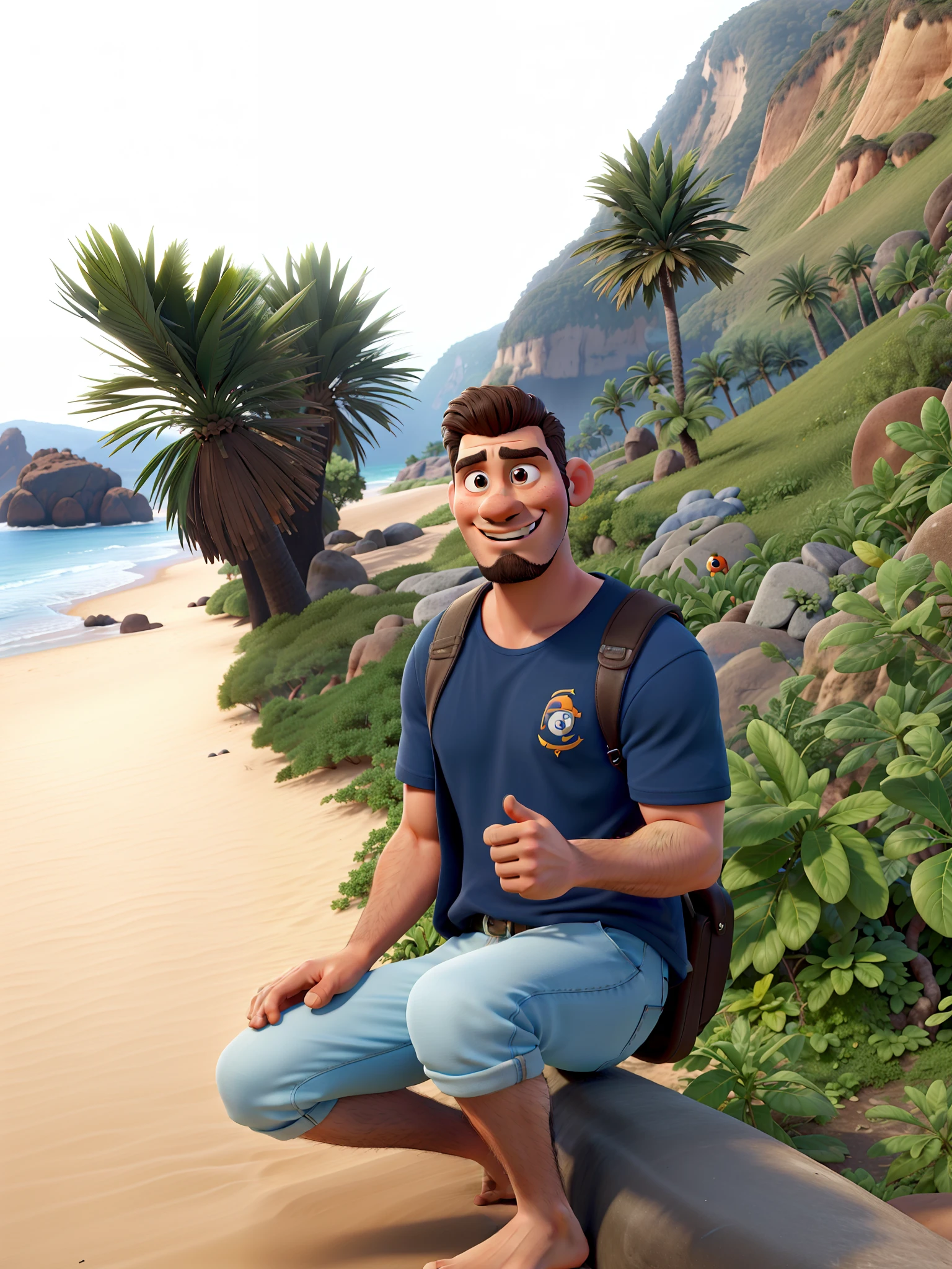 um jovem bonito de aproximadamente 20 anos, roupas apertadas, cabelo castanho com alguns detalhes loiros, light brown high definition eyes, camiseta preta sem muitos detalhes, pele branca, in high definition, estilo cartoon, Pixar, Disney, Highlight for the skin in high definition, 8k, ao fundo a praia, with an exceptional sunset in high definition, solar reflection studio lighting, cinematic picture, com montanhas de floresta, bigode ralo, Fine Pixar style mustache with thin goatee in high definition, sem sorriso, High definition leg tattoo in black color, Character with professional studio lighting, In the background a beach with mountains in high definition, Estilo Pixar, Sunset with professional studio lighting, em 8k