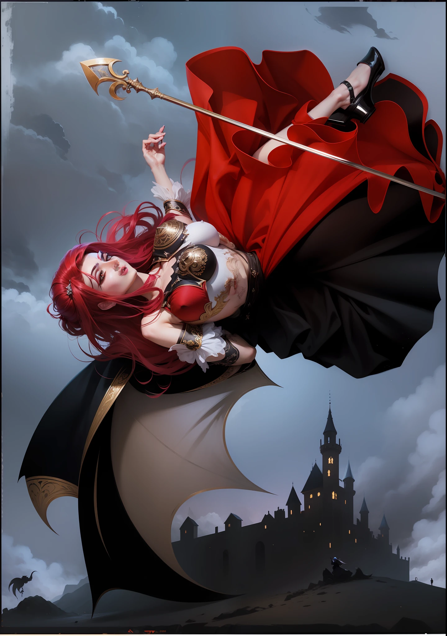 Woman falling from the sky, asas morcegom cabelo vermelho, vestido victorianos, cajado, castelo ao fundo, dark clouds in the sky, pintura de um casal de pessoas se beijando em uma pintura, mulher cabelo bold, homem cabelos pretos, vampiros de anime, inspired by Bálint Kiss, O vampiro, pale skin and dark eyes, , obra-prima, melhor qualidade, (papel de parede CG unity 8k extremamente detalhado), (melhor qualidade), (best illustration), (melhor sombra), Absurdo, arte epica, Poses gloriosas, lindo brilho detalhado, brilho luminoso de fundo, detalhes insan