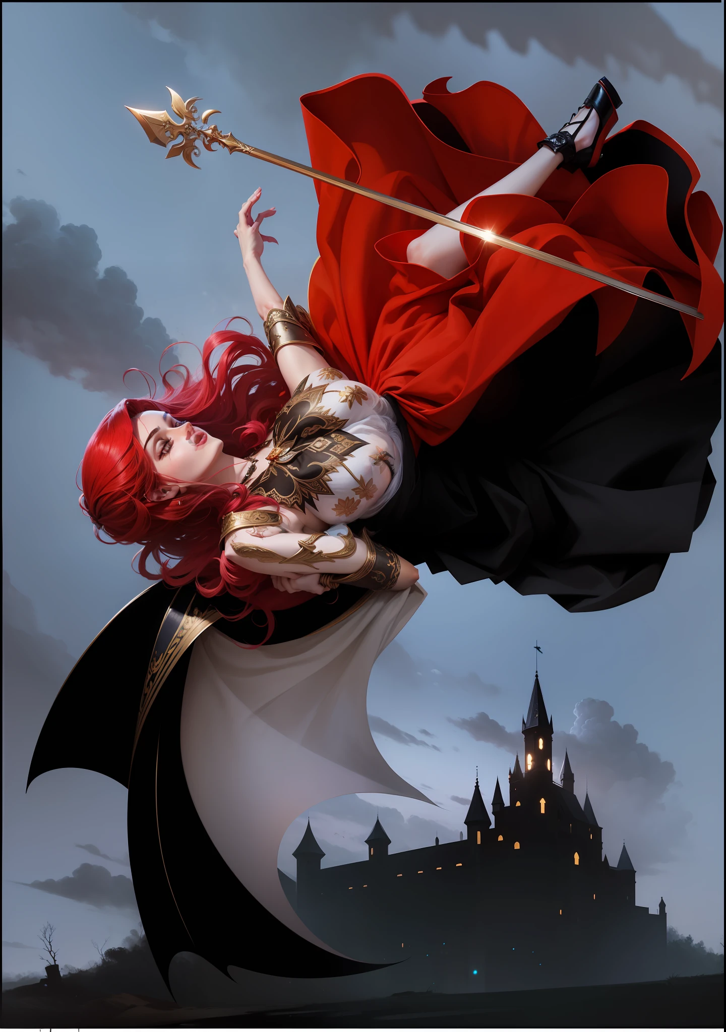 Woman falling from the sky, asas morcegom cabelo vermelho, vestido victorianos, cajado, castelo ao fundo, dark clouds in the sky, pintura de um casal de pessoas se beijando em uma pintura, mulher cabelo bold, homem cabelos pretos, vampiros de anime, inspired by Bálint Kiss, O vampiro, pale skin and dark eyes, , obra-prima, melhor qualidade, (papel de parede CG unity 8k extremamente detalhado), (melhor qualidade), (best illustration), (melhor sombra), Absurdo, arte epica, Poses gloriosas, lindo brilho detalhado, brilho luminoso de fundo, detalhes insan