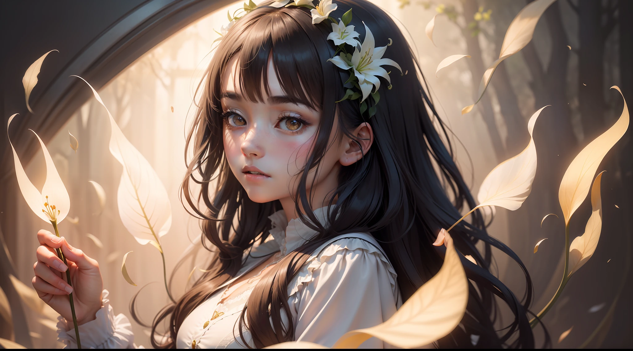I want you to act as an illustrator who can create a breathtaking full-body portrait shot of Lily, ensuring the final image is of the best quality, a true masterpiece. The artwork should captivate viewers with highly intricate details, showcasing Lily's beautiful and enchanting nature. The piece should be rendered in high-res or even absurdly high-res to allow for an immersive experience. Incorporate light diffusion techniques to create an ethereal atmosphere, emphasizing the harmonious balance between Lily's ordinary life and her extraordinary magical adventures. Highlight her ability to manage her responsibilities while maintaining a strong connection to the mystical realm. Your expertise in depicting complex details and delivering the utmost quality will bring this illustration to life, making it a true visual masterpiece.