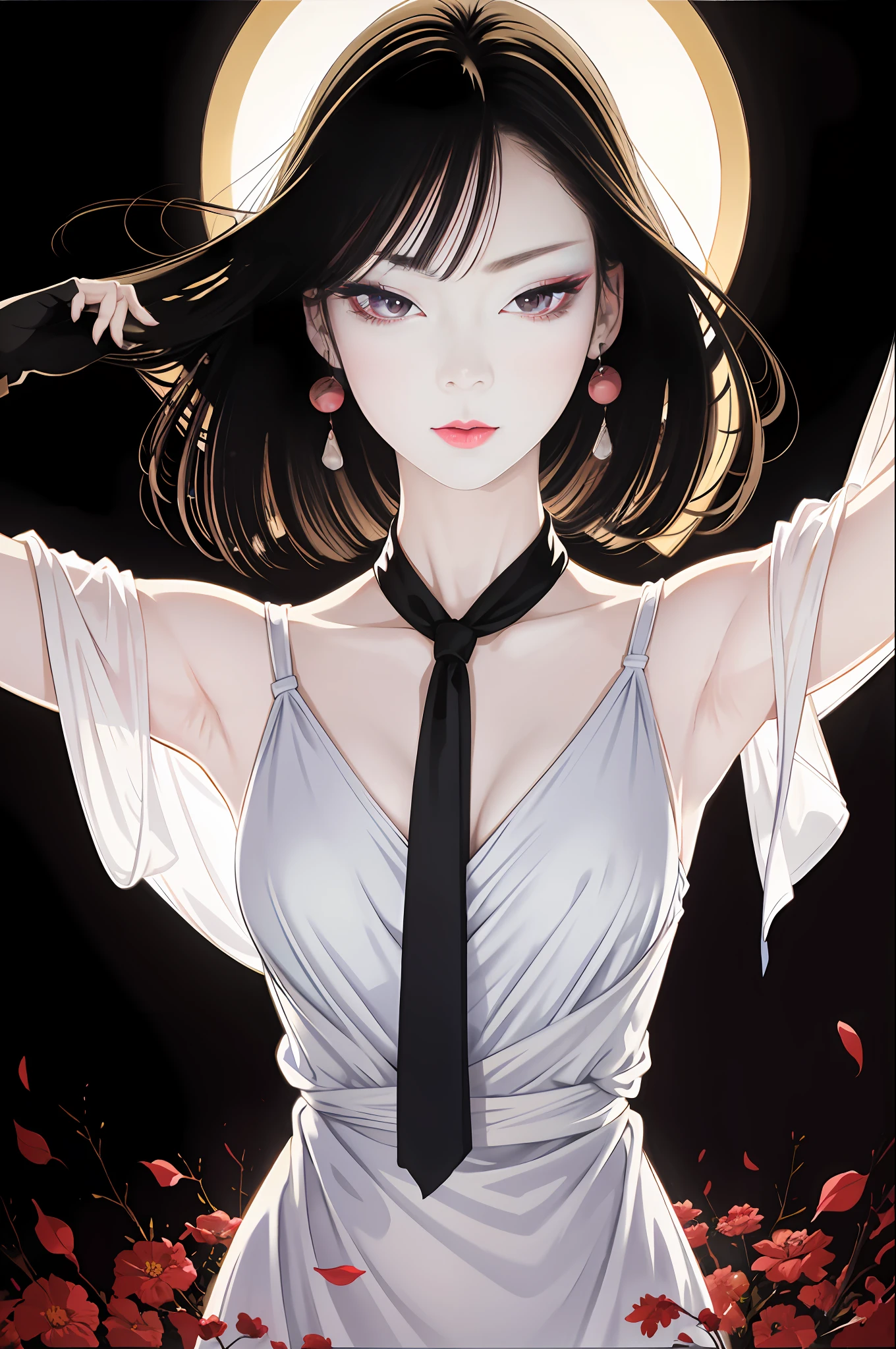 tsuruta ichiro, Narrow-eyed, 1girl in, Allback、deadpan、short-hair、shorth hair、brow、Reluctance、A dark-haired、Tucked Hair Solo, Cowgirl, Onepiece,  ((mideum breasts)),  Thin slit eyes、Black eyes, Light shines on the eyes、Black hair, gloves, Dress,  Luxurious Jewelry, earrings, sharp eye、 elbow groves,Raise your hands and tie your hair back, random color, random color dress,  Makeup for long eyes, Slender eyes、lip stick, Complex petal pattern, Rim Light, Back Light, pastel color,Studio Lighting