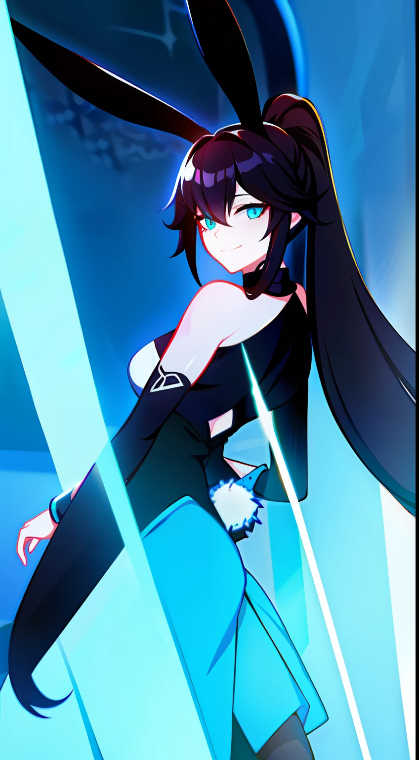 Adult woman, Long black hair, high ponytail, bunny ears, turquoise eyes, Black tight top, ssmile, Masterpiece, hiquality
