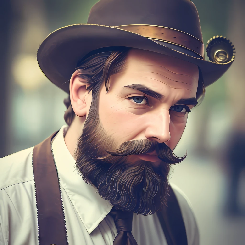 1boy, beard, blurry, blurry_background, blurry_foreground, depth_of_field, facial_hair, male_focus, manly, motion_blur, mustache, old_man, solo, upper_body, fantasy background, portrait, steampunk_bg, in the style of Leonardo Devince