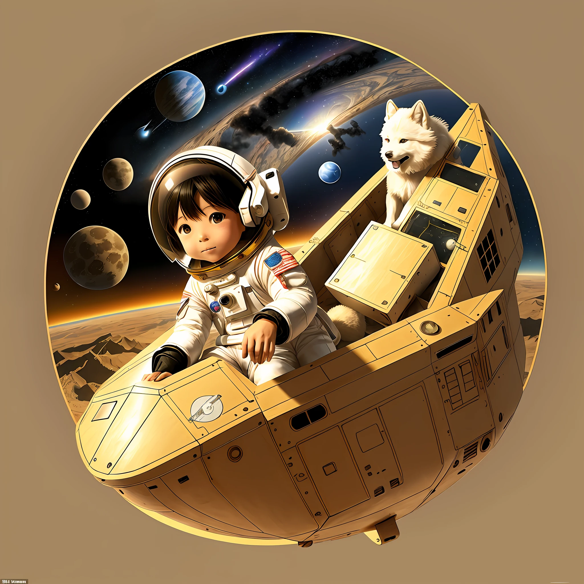 Boy, about , Japanese, thin, dressed as an astronaut, with companion, a Samoyed dog, playing on Venus. In the background it is possible to see the space and a cardboard ship inned. Disney Style --auto --s2