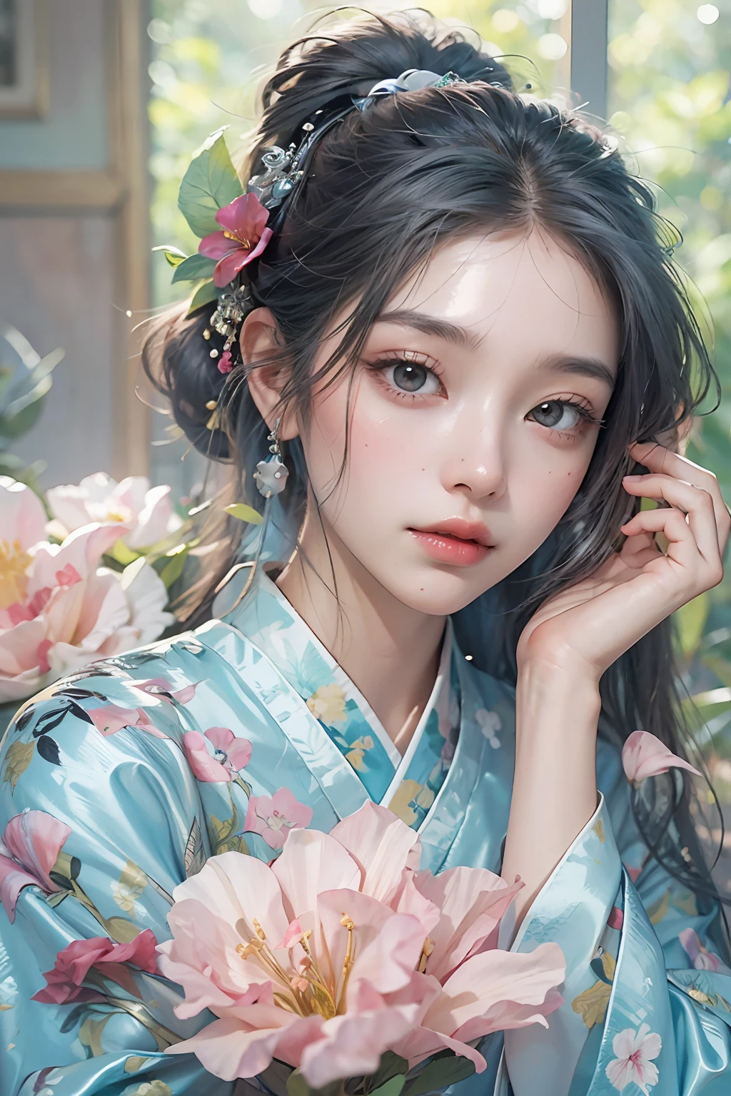 A beautiful cartoon illustration of a Chinese girl dressed in Baby blue Hanfu, Hibiscus rose,lark,colorful animation stills, intricateillustrations,Light green and pink,vanitaspaintings, intricate costumes,in the style ofhyper-realistic animal illustrations, close up,art by Karla Mialynne,Colored lead painting style,Infinitely close to hand-drawn effect --ar 3:4 --niji 5
