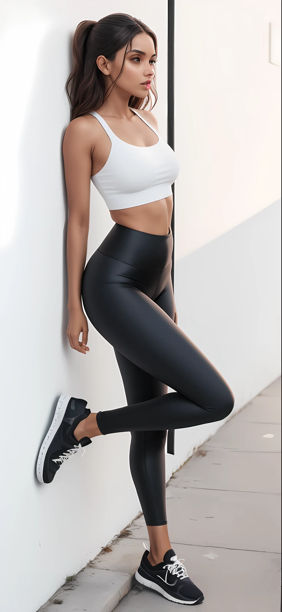 Uma bela mulher encostada em uma parede com as pernas cruzadas e usando legging, usando um top cropped sexy, roupa apertada, cintura magra e quadris grossos, usando roupas simples e apertadas, usando um top cropped, usando crop top, Encaixe figura delicada, com cintura fina, usando um crop top, roupas casuais, legging apertado, usando um top cropped, usando um top bonito