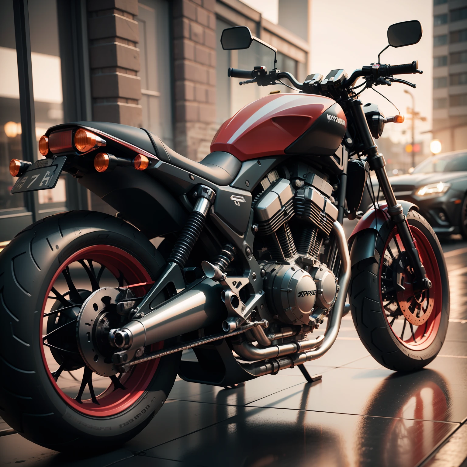 a motorcycle with a red light on the front, hyper real render, hyper realistic detailed render, extreme render, 3 d hyper realistic render, hyper realistic render, cycle render, daniel maidman octane rendering, hyper realistic 3 d render, ultra realistic render, cycles 3 d render, hyper detailed 3d render, hyper detailed 3 d render, hyper realistic rendering, ultra realistic render, cycles 3d render, hyper realistic, cycles