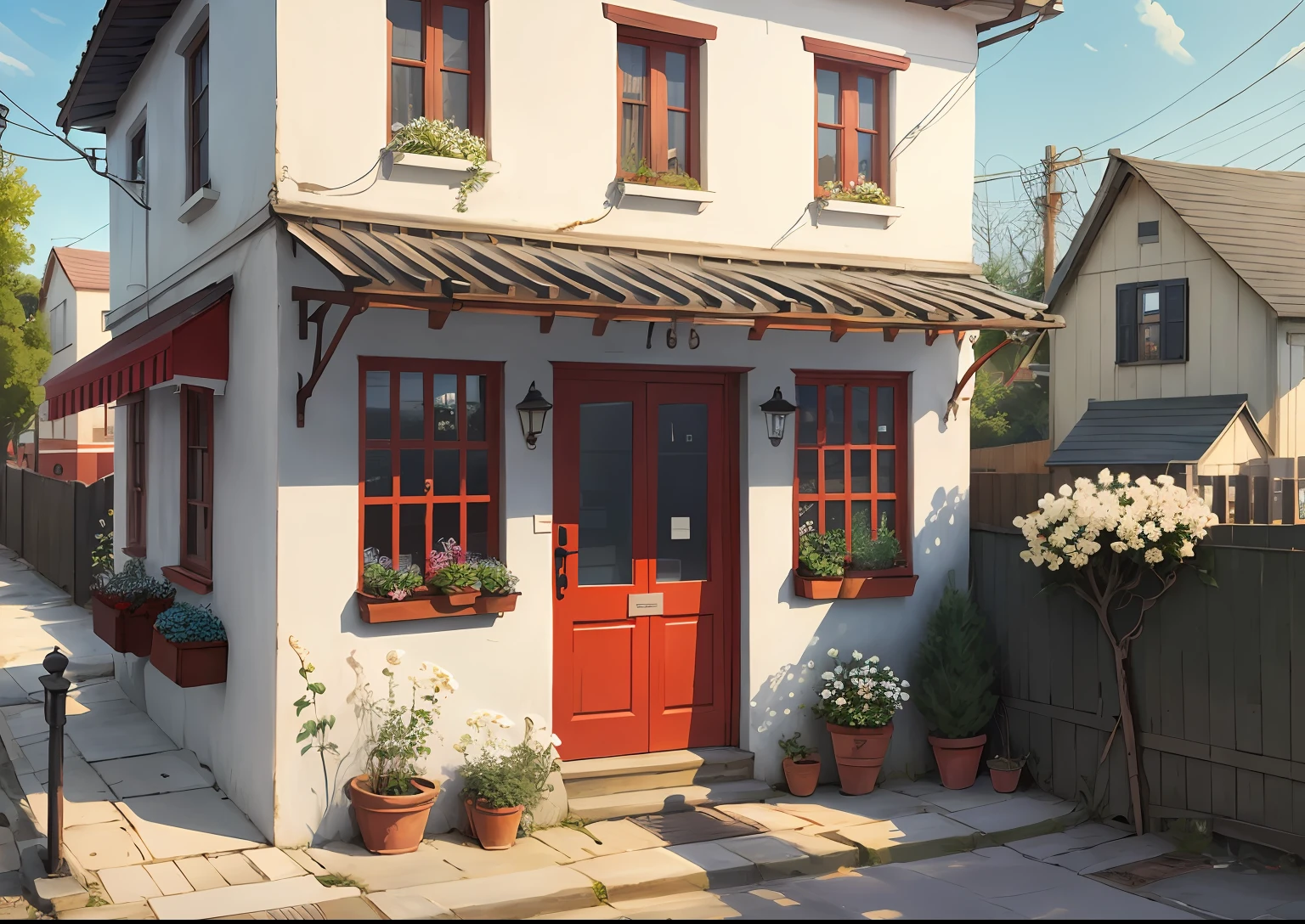 shop, two-storey house, yard, street lamp, fence, white flowers, bookstore, red door,