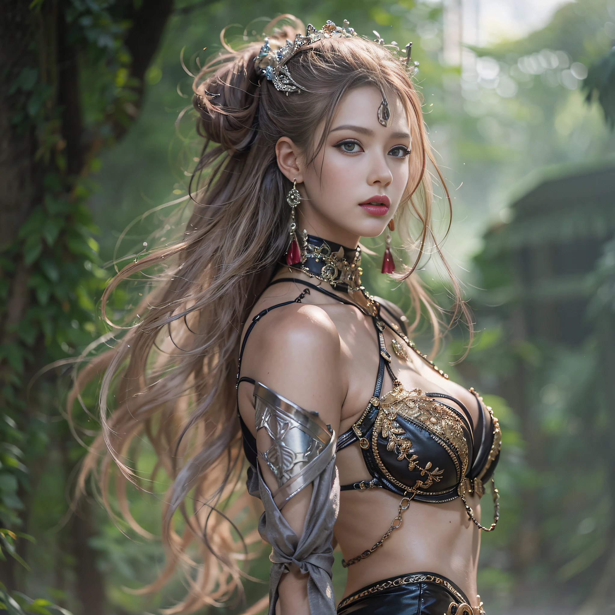 ((masterpiece)、(top-quality)、(reallistic))、beautiful queen:1.4、Bondage style、latex shiny、By Luis Royo:1.4、1girl in、Sexy Daughter、Attractive earrings with impressive beauty、a choker、a necklace、piercings、(Super beauty)、Super Ultra Ultra Bikini、standingn、fullllbody:1.4、(Beauty in return)、Fantastic mythological landscape