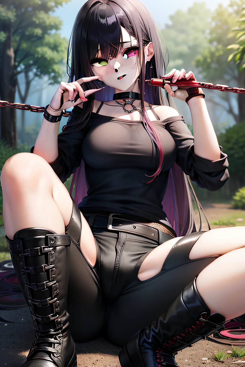 Heterochromia Right eye green left purple. The right hand is completely covered with burns, the little finger is missing on the left. Long unkempt Black hair shimmering in red at the ends of hiking pants, boots, a shirt, over which a chain mail of either copper or steel rings is thrown.