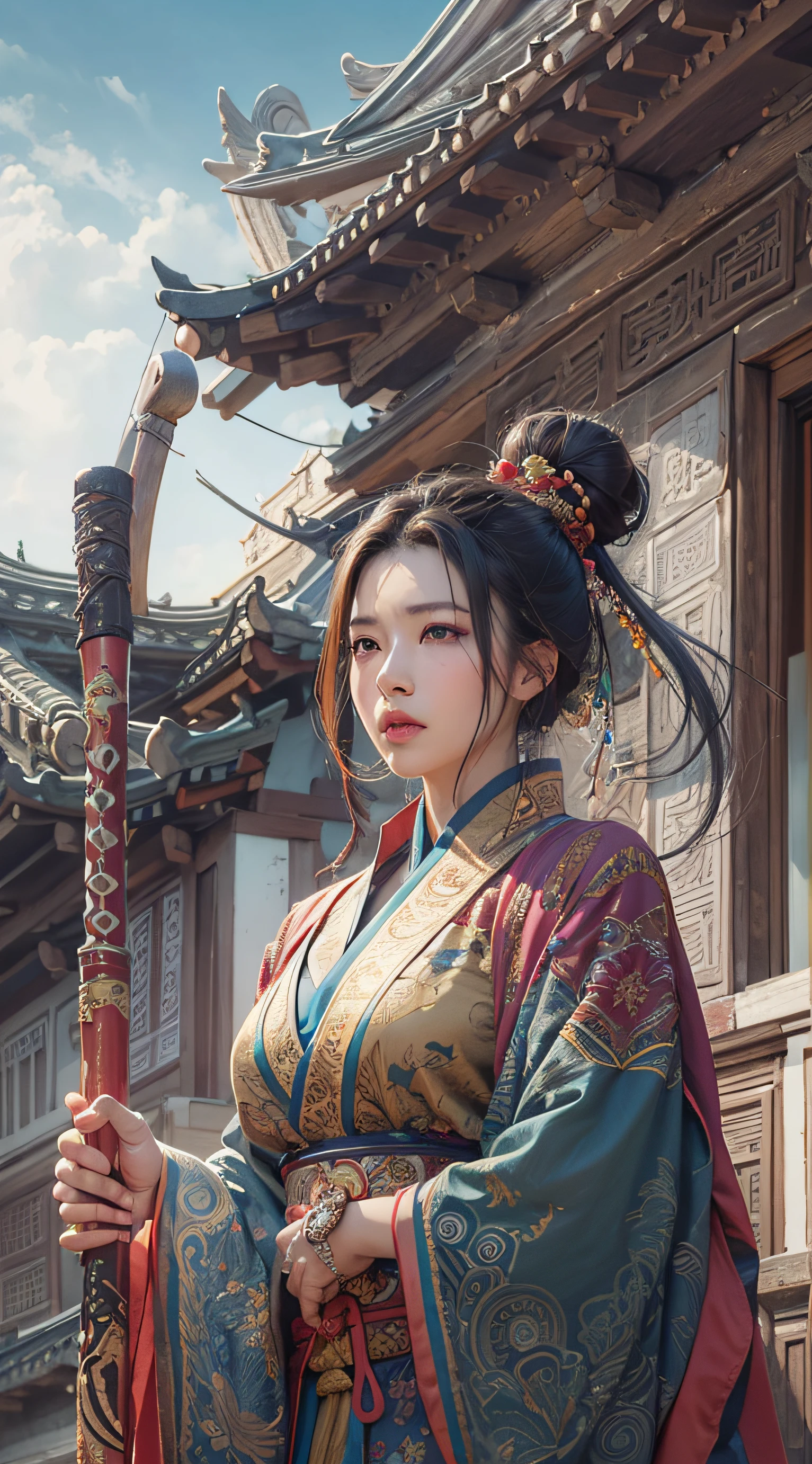 Best quality,masterpiece,ultra high res,(photorealistic:1.4),xiuxian,weapon,Detailed face, 1girl,solo,weapon,cleavage,(magic circle:1.2),xiuxian,upper body,Beautiful girl,full body,huge breasts,east asian architecture,sheath,architecture,