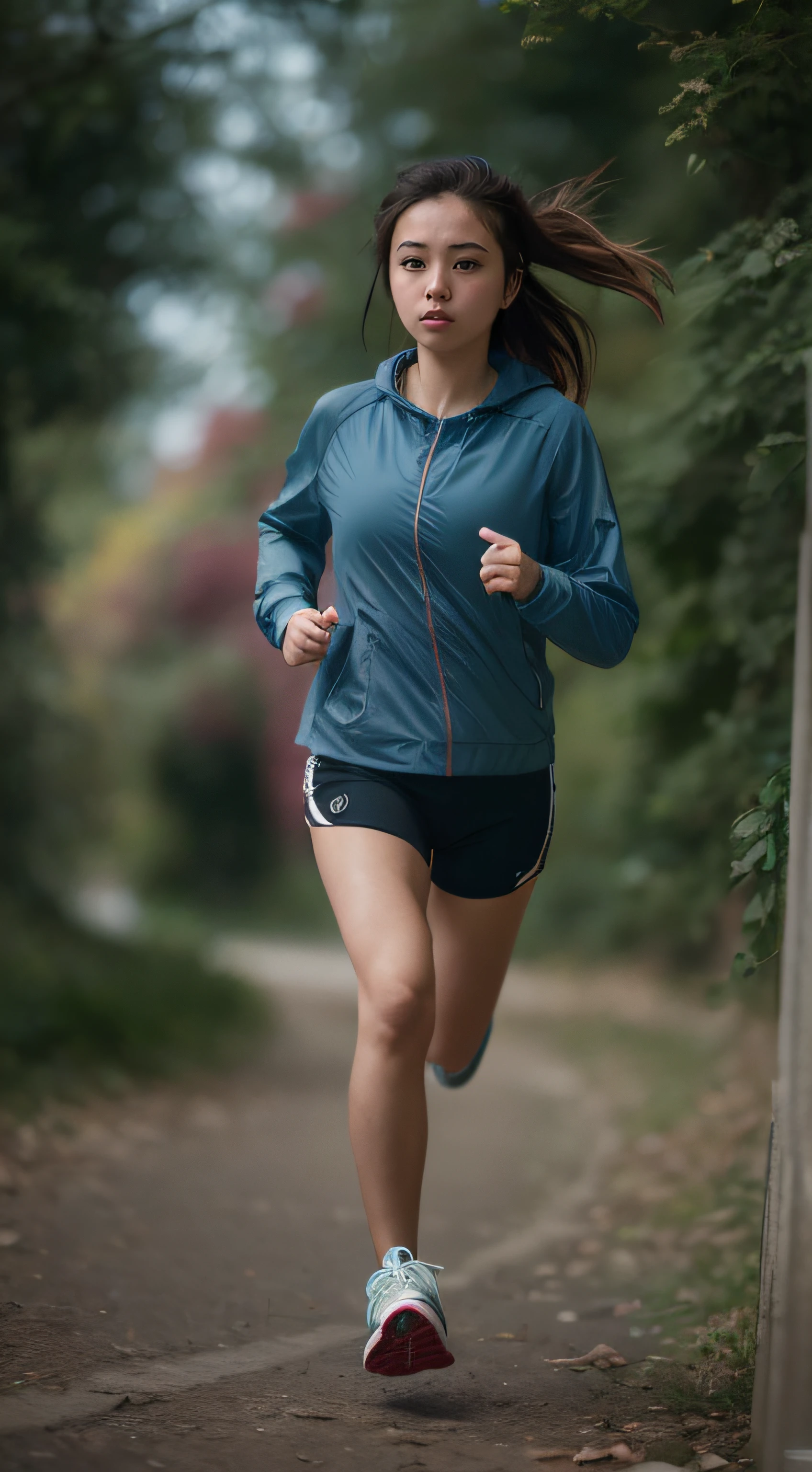 RAW photo, a 22-year-old-girl, jogging, (1girl), (realistic), ,(RAW photo, 8k uhd, film grain), 8k, soft lighting, high quality, highres, sharp focus, masterpiece