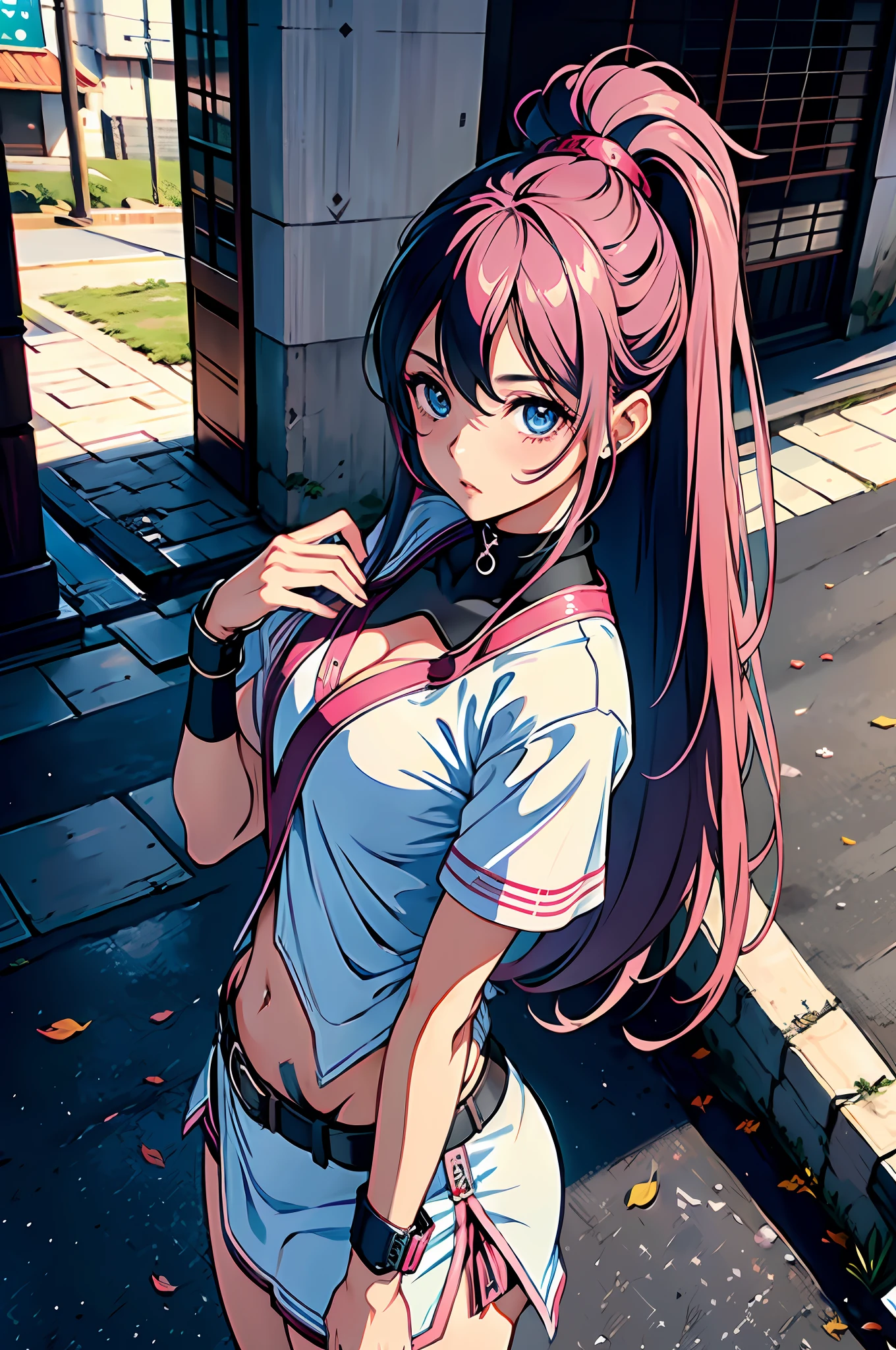 "(mulher bonita, sedutora) segurando uma (katana), (cabelo longo e rosa), (olhos azuis), (roupa branca), (estilo anime 8k), (imagem ultra detalhada), (cidade)"
