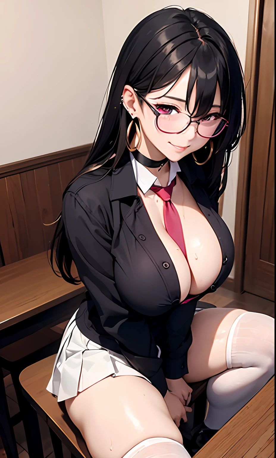 (best quality masterpiece:1.2) 8k, 1girl, big breast, big areola, mature body, black hair, long hair, multicolored hair, pink glasses, red eyes, jewelry, earrings, piercing, school uniform, white shirt, tied shirt, black choker, blue necktie, micro pleated skirt, no panties, no bra, black thigh high, thigh gap, smells, LOW angle, medium shots 1:4 , half squat on the table, spreading legs, from below, lower view, pubic exposed, blush face, random posed, lewd smile, wet thight, White liquid everywhere.