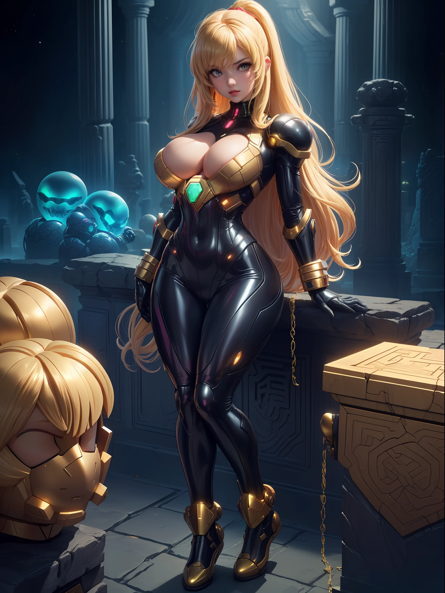 (Samus Aran), ((Wearing black alien armor with golden parts, extremely glued to the body and tight)), ((gigantic breasts)), ((blonde hair, with clip, hair with big bangs in front of the eyes)), ((staring at the viewer)), (((doing erotic pose leaning on an object))), ((in an ancient alien temple, figurines, large tombstones with illegible writing, large pilasters, lights stuck on the walls, is at night, open area)), ((((full body)))), 16k, UHD, ((better quality, better resolution, better detail)), (((Super Metroid)))