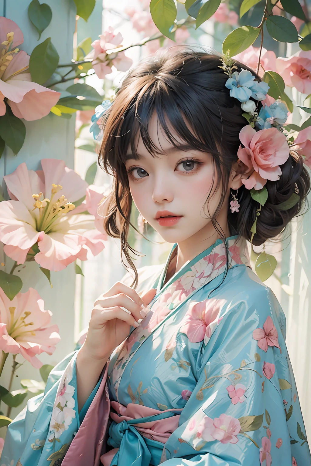 Beautiful cartoon illustration of a Chinese girl in baby blue Hanfu, Hibiscus rose,skylark,colorful animation stills, intricate illustration,Light green and pink,Vanitas painting, intricate outfits,in the style of hyper-realistic animal illustrations, Close up,The art of Carla Mialine,Color lead painting style，Infinitely close to the hand-drawn effect - AR 3:4 --niji 5 -，Hand detail