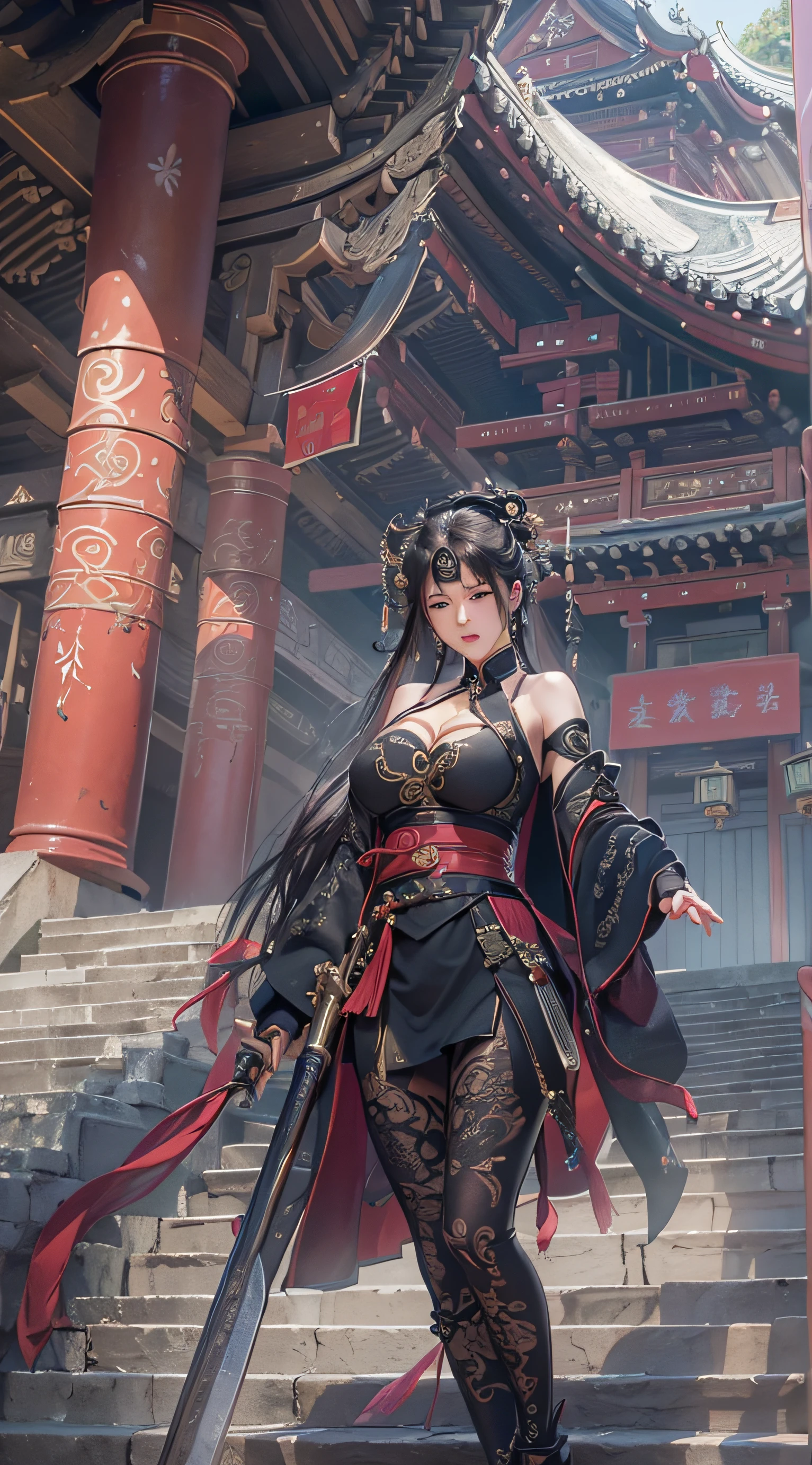 Best quality,masterpiece,ultra high res,(photorealistic:1.4),xiuxian,weapon,Detailed face, 1girl,solo,weapon,cleavage,(magic circle:1.2),xiuxian,upper body,Beautiful girl,full body,huge breasts,east asian architecture,sheath,architecture,