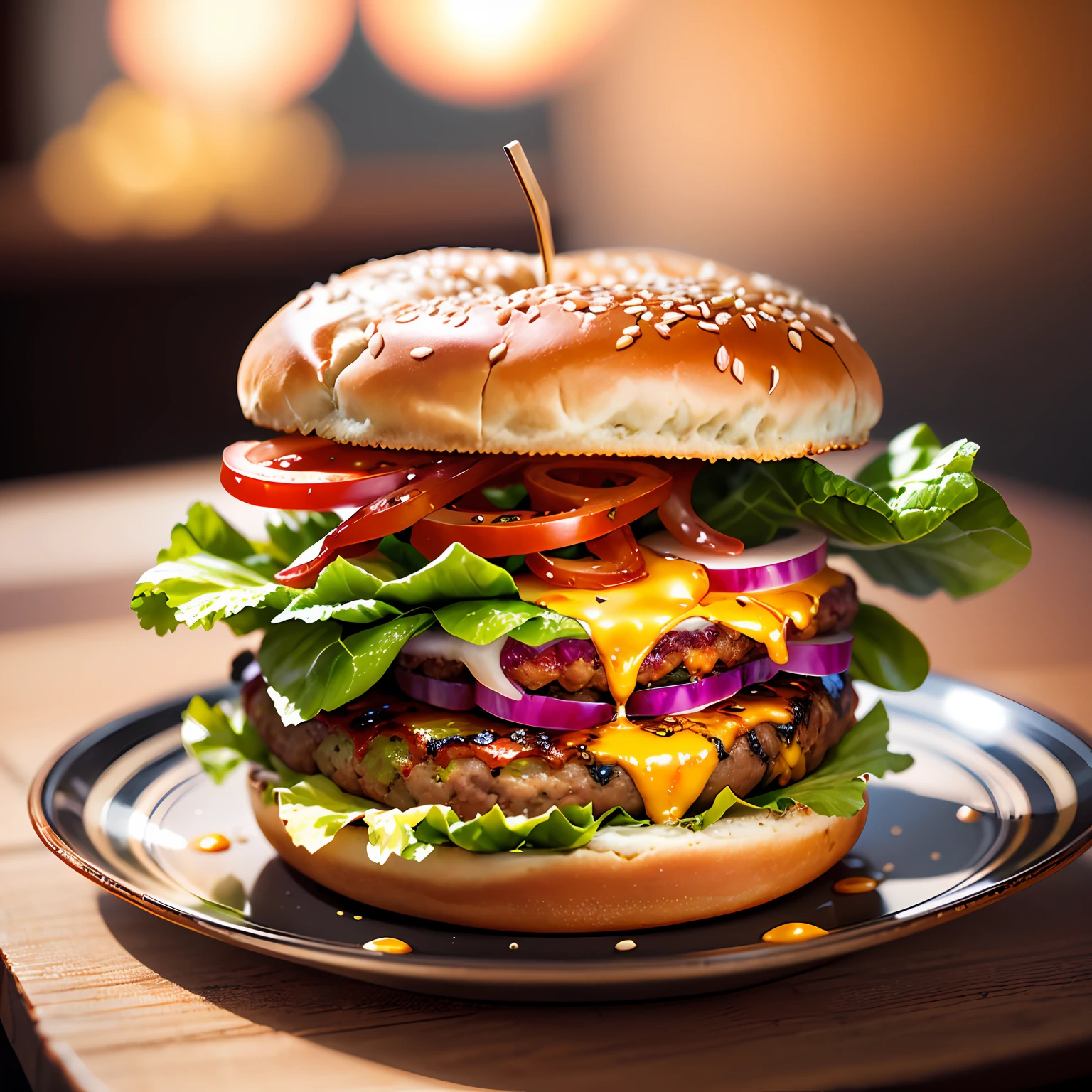 A vivid close-up of a juicy hamburger, the textures of the charred patty, melted cheese, and fresh, crisp lettuce captured in stunning detail. The image is taken by a skilled photographer, with the bokeh effect bringing the attention to the burger, while the warm, diffused lighting adds an inviting atmosphere.