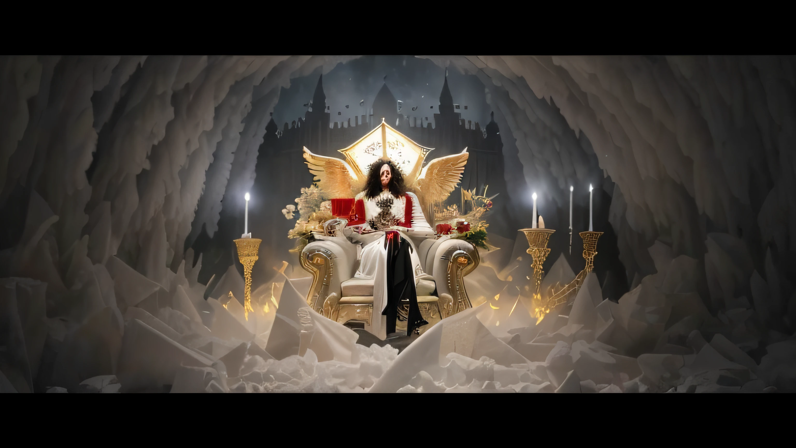 There are angels flying around the clock in the sky, badass composition, king of hell, king of hell, Lord from Hell on the Throne, lucy in the sky with diamonds, youtube video screenshot, as a titan, Alice Cooper: Marilyn manson, still from a music video, kiss, art promotional, god of death, Ghosts of Heaven, The God Hades