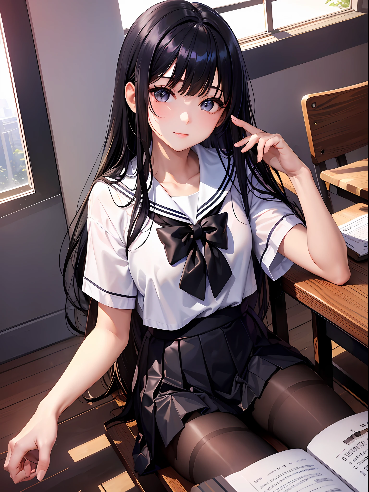 (top-quality: 1.3), (​masterpiece: 1.3), (Super Detail: 1.3), (wall-paper, one girls, liar: 1.1), ([Diamonds: 1.3|The eye]:1.2)、([opal:1.9|gradient_hair:1.1]:1.2)、(Detailed hands and fingers:1.2)、(Detailed ultra-oily shiny skin:1.1)、([Wetty:0.8|MuCoi])、oily shiny thighhigh、hi-school girl、(Black sailor suit:1.1)、(Black Sailor Suit Skirt:1.1)、Black hair、Longhaire、Straight hair、Beautiful sister、ssmile、(school classrooms:1.2)、early evening、Sunlight coming in through the window、Physical education sitting