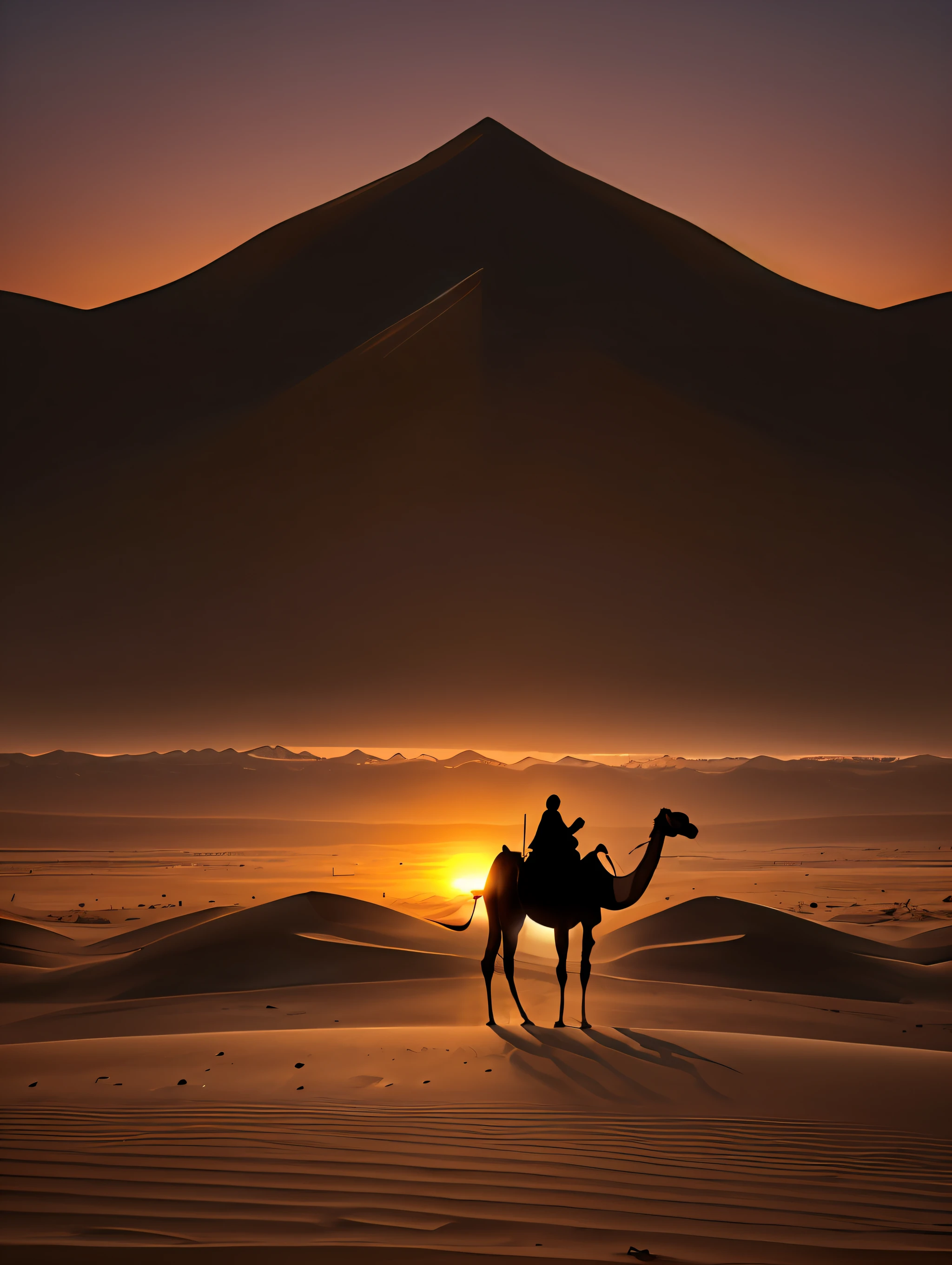 A silhouette of a camel with its neck arched, captured during a captivating desert sunset. --auto --s2