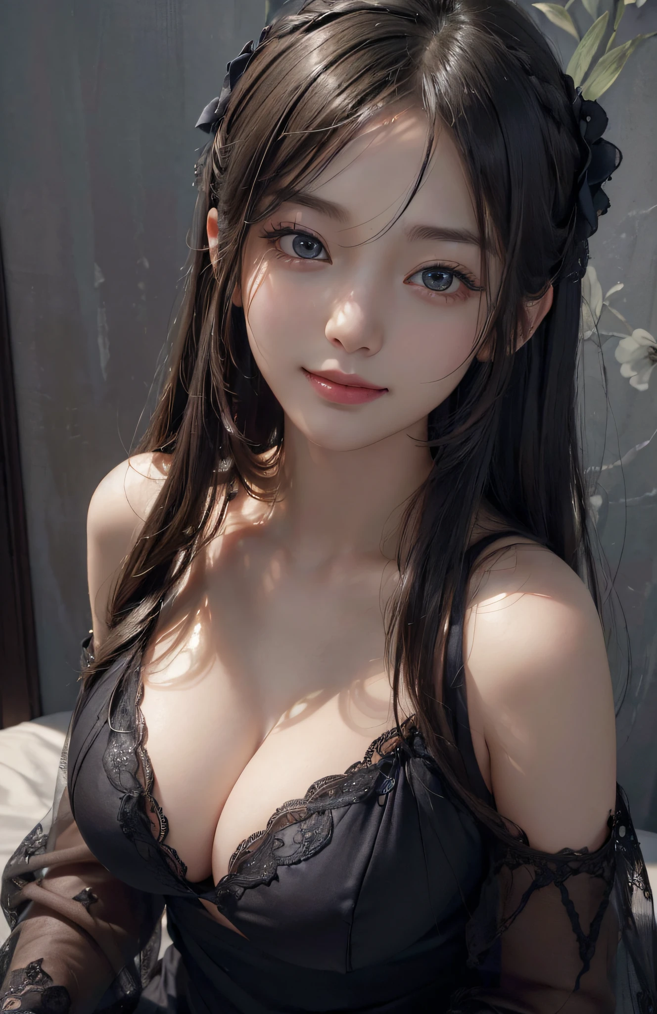 (A hyper-realistic)、(illustratio)、(hight resolution)、(8K)、(ighly detailed)、(Best Illustration)、(beautifully detailed eyes)、(top-quality)、(ultra-detailliert)、(masterpiece)、(wall-paper)、(A detailed face)、独奏、1 girl in、looking at viewert、fine detailed、A detailed face、in the darkness nigth、deep-shadows、indirect lighting、Sleeping on the bed、Complex see-through clothing、Watching from above、lowkey、pureerosfaceace_v1、A smile、Black shawl straight hair、46-point diagonal bangs、noble、elegent、cleavage of the breast