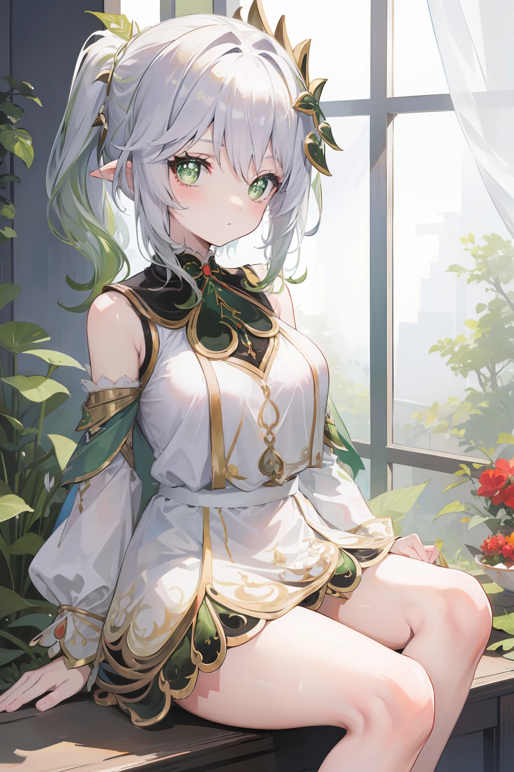 (masterpiece),best quality, expressive eyes, perfect face, 1girl,
big breast, H-cup, good breast, beautiful, gorgeous,anime,girl,lora, floating clothes,w sitting, w sitting on ground, legs on ground, short hair, yellow eyes, leaf hair ornament,red shirt,skirt,long sleeves,curtain chest ,hands on hips, hands on waist,nahidarnd,
nahidadef,