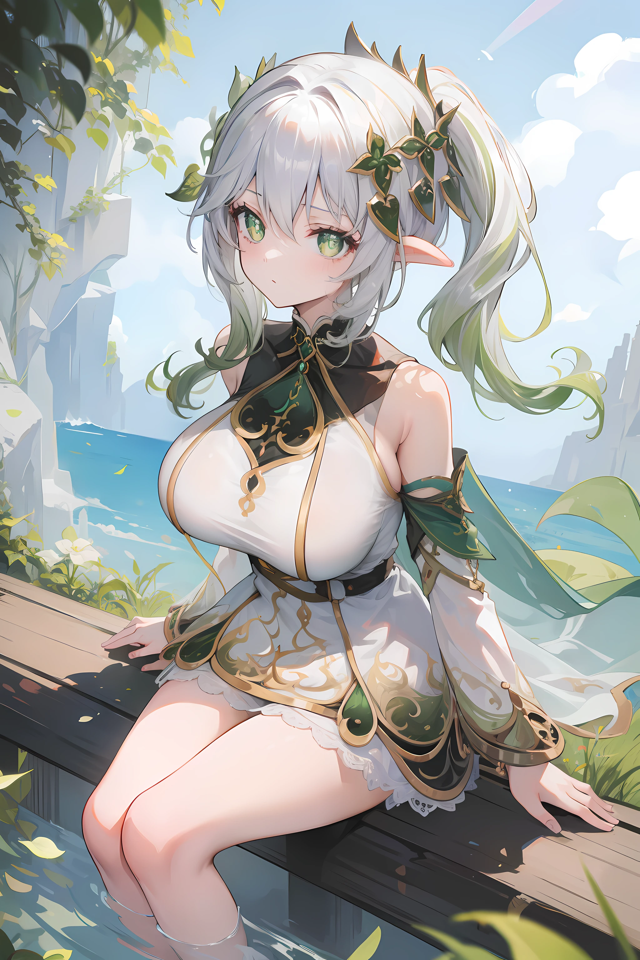 (masterpiece),best quality, expressive eyes, perfect face, 1girl,
big breast, H-cup, good breast, beautiful, gorgeous,anime,girl,lora, floating clothes,w sitting, w sitting on ground, legs on ground, short hair, yellow eyes, leaf hair ornament,red shirt,skirt,long sleeves,curtain chest ,hands on hips, hands on waist,nahidarnd,
nahidadef,