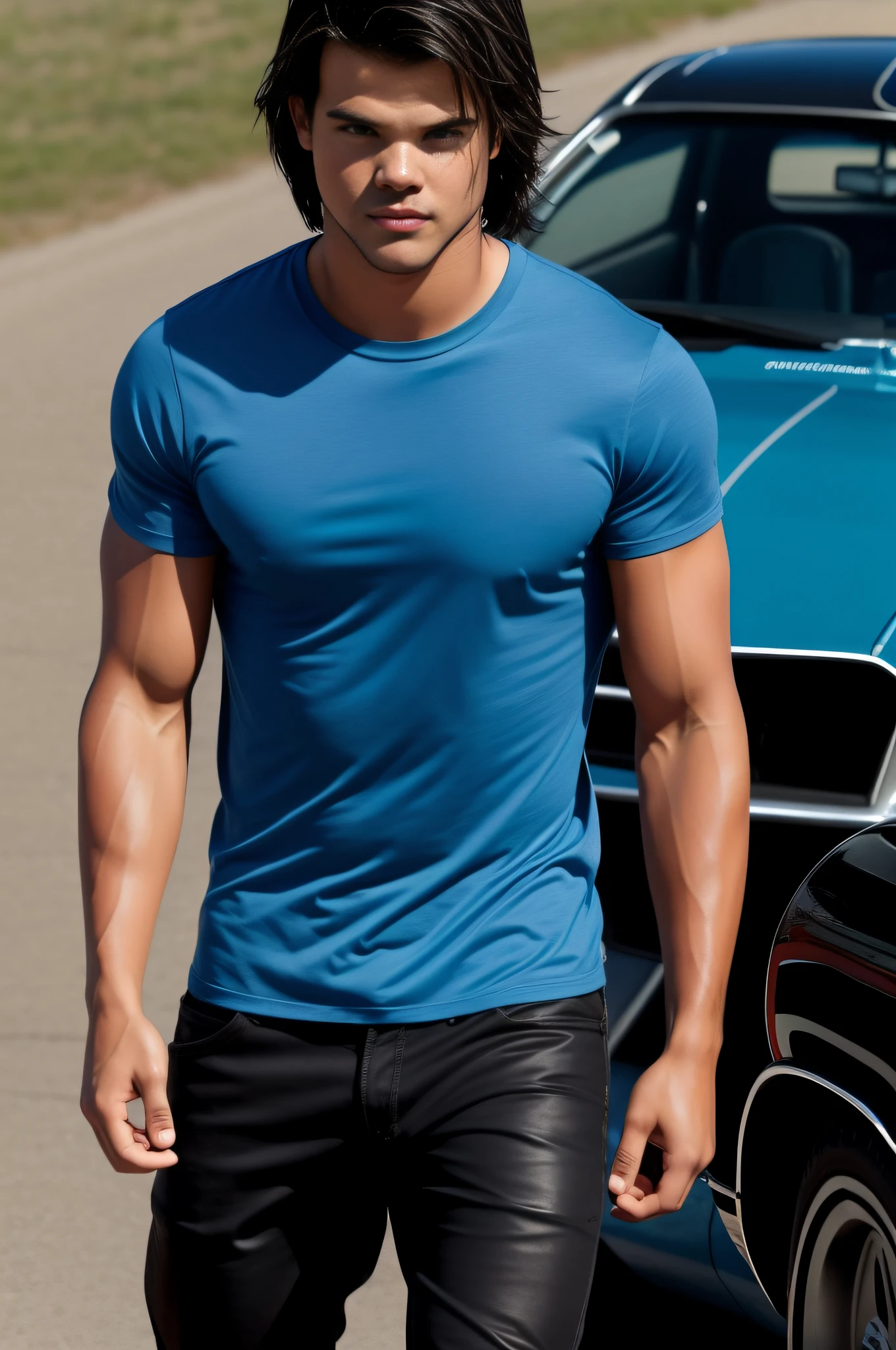 taylor Lautner com cabelo emo grande, wearing mechanic's clothes, em frente a um Plymouth Barracuda azul