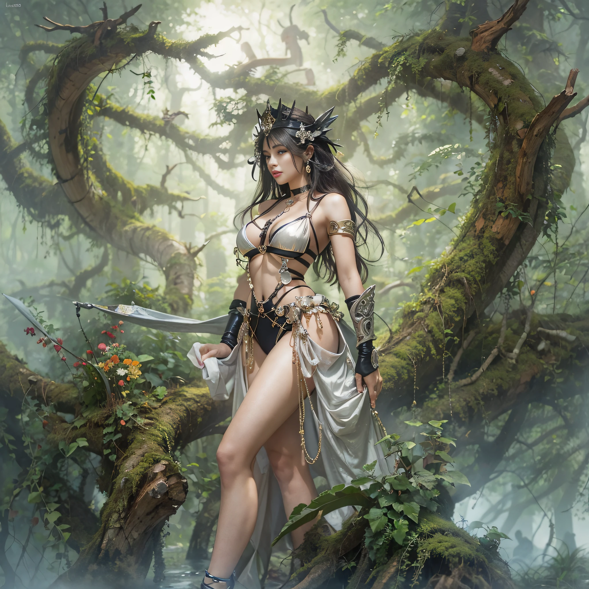 ((masterpiece)、(top-quality)、(reallistic))、beautiful queen:1.4、Bondage style、latex shiny、By Luis Royo:1.4、1girl in、Sexy Daughter、Attractive earrings with impressive beauty、a choker、a necklace、piercings、(Super beauty)、Super Ultra Ultra Bikini、standingn、fullllbody:1.4、(Beauty in return)、Fantastic mythological landscape