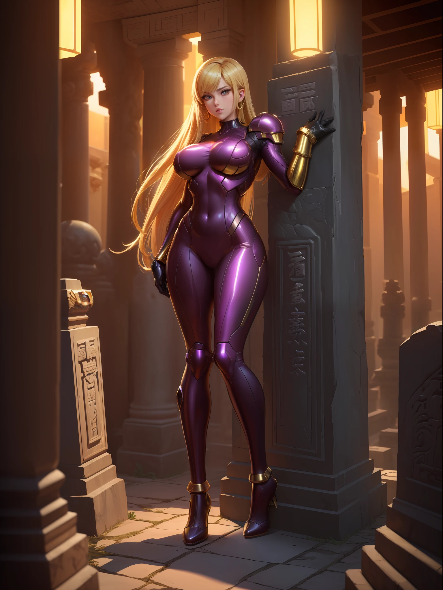 (Samus Aran), ((Wearing black alien armor with golden parts, extremely glued to the body and tight)), ((gigantic breasts)), ((blonde hair, with clip, hair with big bangs in front of the eyes)), ((staring at the viewer)), (((doing erotic pose leaning on an object))), ((in an ancient alien temple, figurines, large tombstones with illegible writing, large pilasters, lights stuck on the walls, is at night, open area)), ((((full body)))), 16k, UHD, ((better quality, better resolution, better detail)), (((Super Metroid)))
