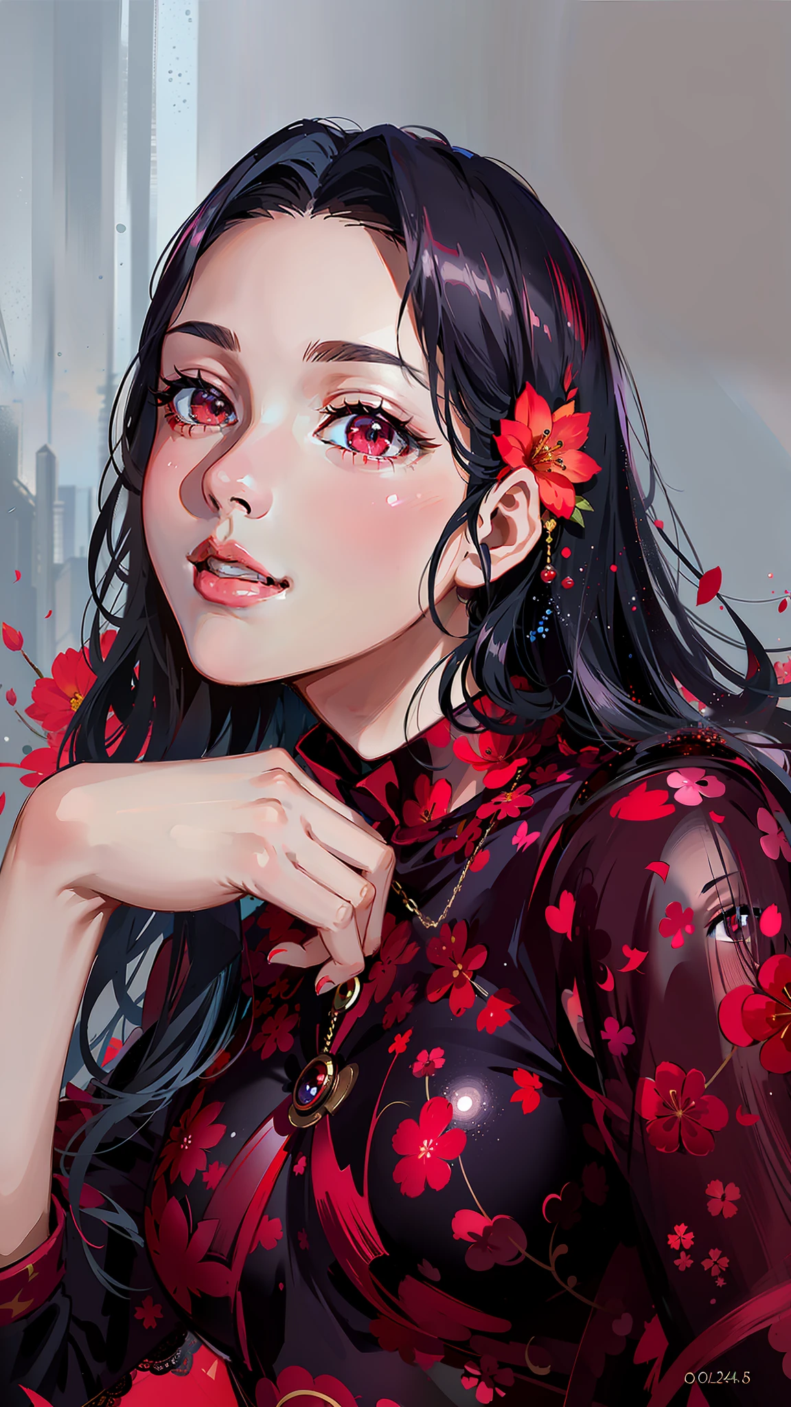 (masterpiece),(best quality:1.0), (ultra highres:1.0), detailed illustration, 8k, anime, 1girl, beautiful anime girl, wearing a red dress , intricate details, black eyes, detailed eyes, black hair, detailed hair detailed, highlights on hair, red-ish pink flower on ear, smiling, red lipstick, perfect lips, anime style, best quality, detailed