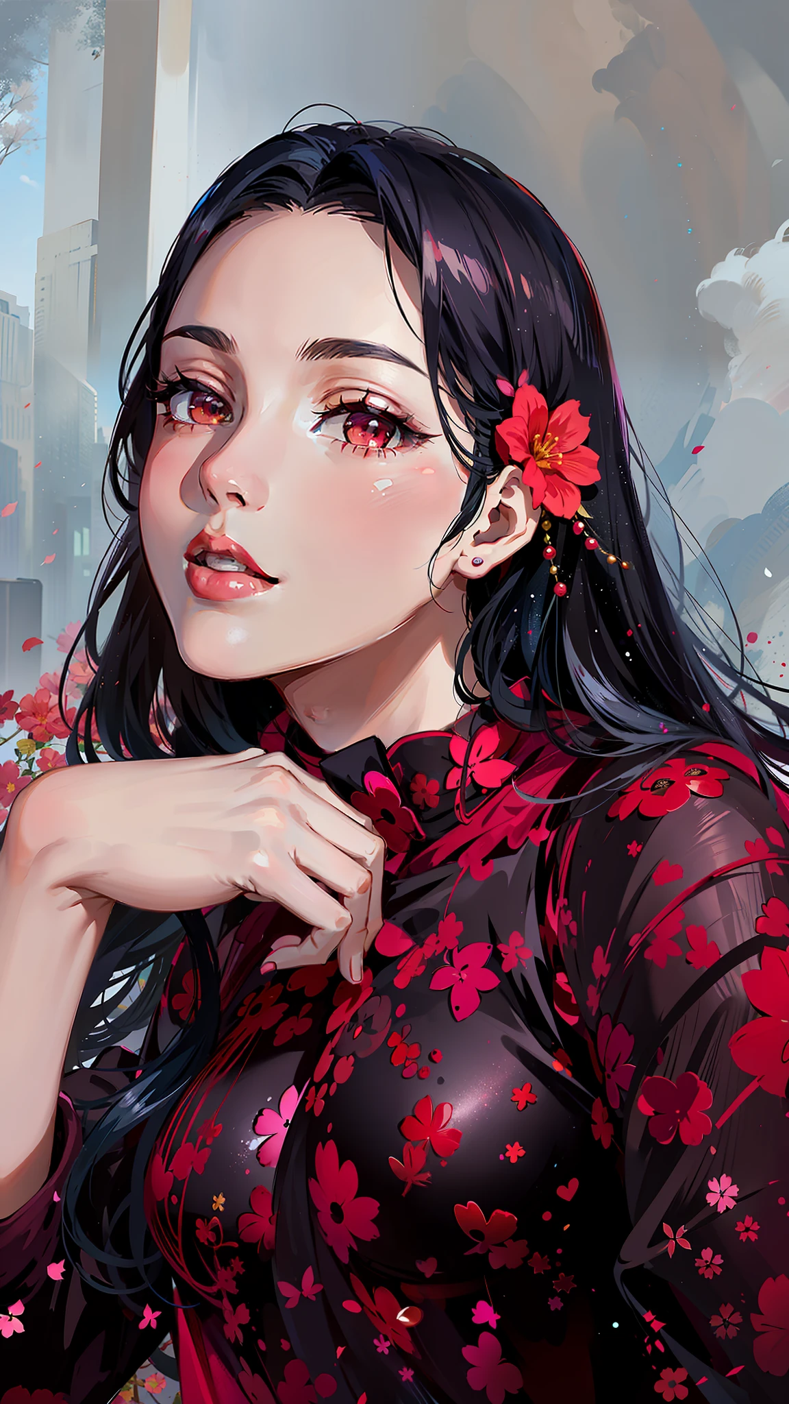 (masterpiece),(best quality:1.0), (ultra highres:1.0), detailed illustration, 8k, anime, 1girl, beautiful anime girl, wearing a red dress , intricate details, black eyes, detailed eyes, black hair, detailed hair detailed, highlights on hair, red-ish pink flower on ear, smiling, red lipstick, perfect lips, anime style, best quality, detailed