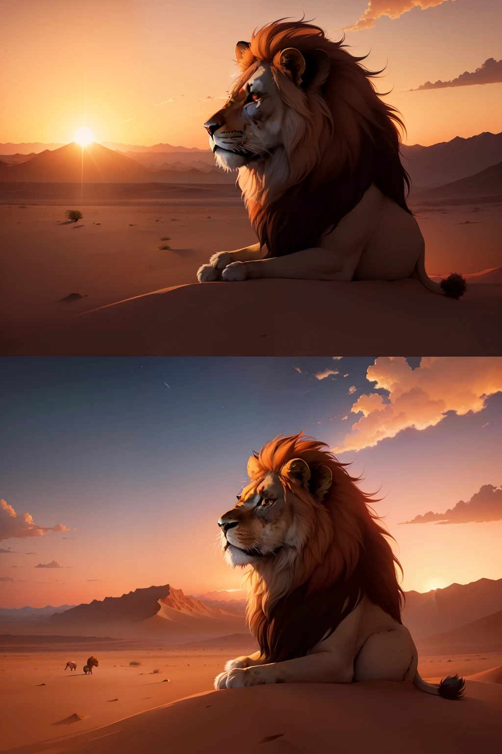 A hyper-realistic illustration of a lone lion in a desert landscape. The sky is a spectacle of colors, with a sunset painting the horizon in shades of orange, rosa e violeta. The lion is sitting, contemplatively looking up at the sky, while the dust of the desert is illuminated by the golden rays of the setting sun.