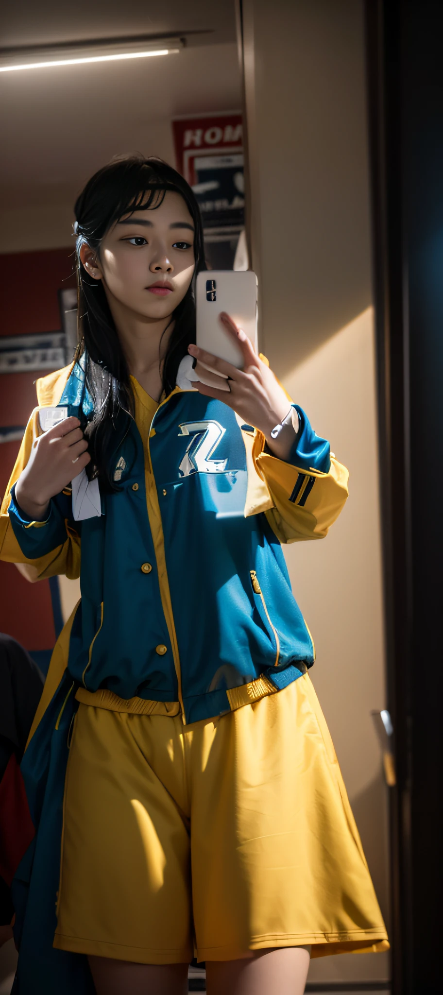 (8k, Best Quality, Masterpiece: 1.2), (Realistic, Realistic: 1.37), Ultra Detailed, Best Quality, Ultra High Resolution, Professional Lighting, Photon Mapping, Radiosity, Physically Based Rendering, Cinematic Lighting, Basketball court, depth of field, clear focus, sunlight, good composition, (bokeh: 1.2) 1girl, solo, (full body), (closed mouth), beautiful and detailed eyes, pose, narrow waist, basketball uniform, black hair , messy hair, long hair blowing in the wind, (ulzzang-6500:1.2) mix4, hiqcgbody