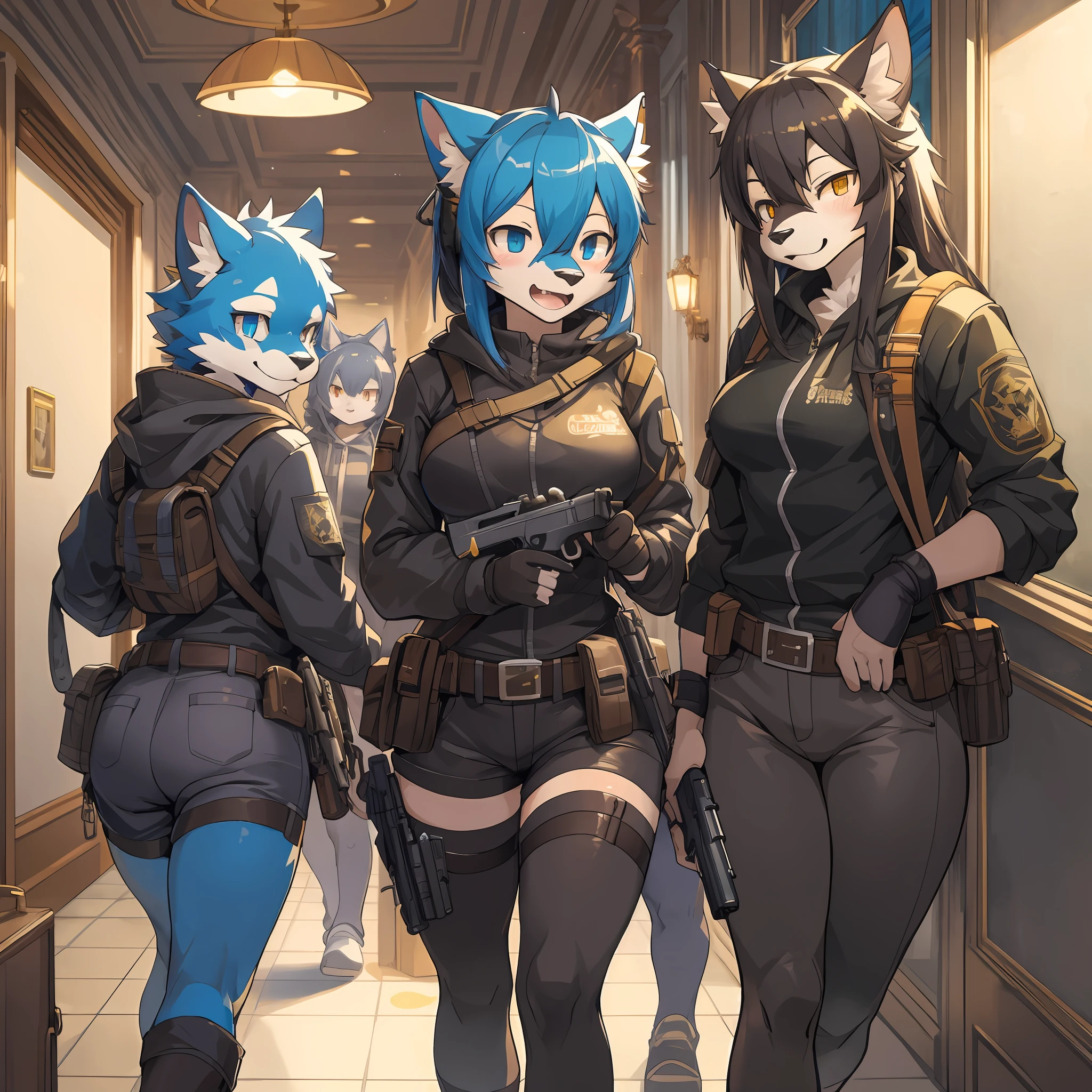 dynamic angle, top quality, best quality, High-quality illustrations, masterpiece, super high resolution, detailed background, detailed background, biohazard, Dim hotel hallway, gun fight, group shot:0.1, 6+boys, 6+girls, game package, absurdres(highly detailed beautiful face and eyes)perfect anatomy, expression, good lighting, cinematic shadow(kemono, furry anthro),