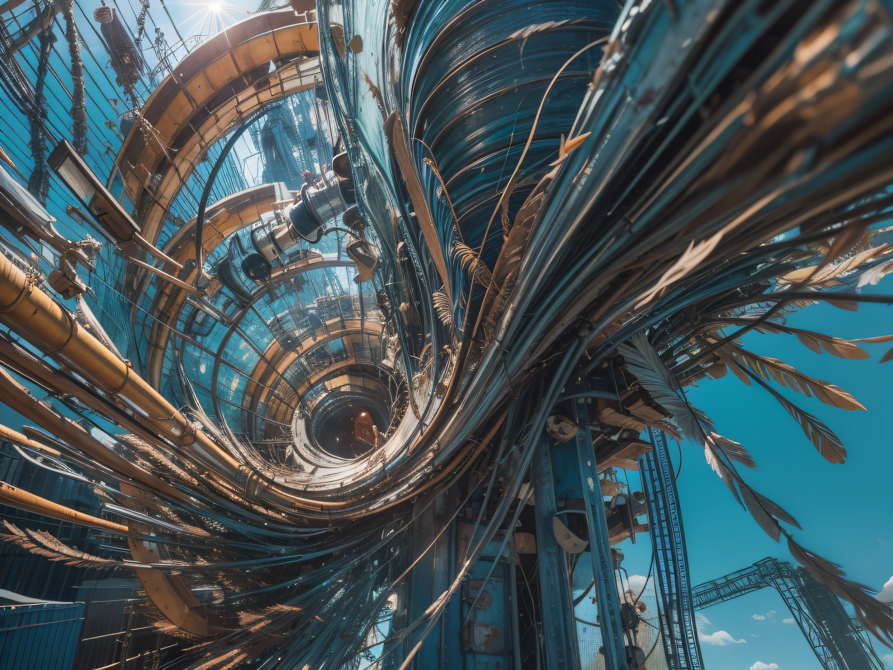 a heavily distorted, fading late morning clear sky, a singular object comprised of contorted feathers/machinery/pipes/rusted components is floating in the air, steel strings weave into each other, warped blue colored machine exterior paneling, extra detail, 4kHD details, best resolution, surrealistic composition, extreme camera angle, motion blur, depth of field, foreshortening, tilted camera angle, cinematic lighting, movie scene, lens flare