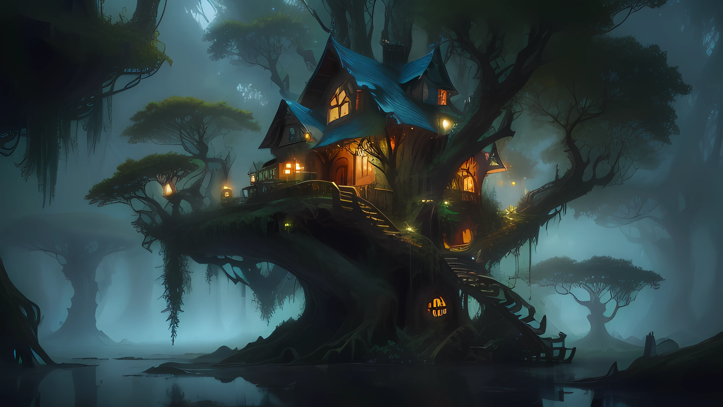 there is a tree house in the middle of a swamp, fantasy house, cyberpunk tree house, tree house, beautiful render of a fairytale, enchanted magical fantasy forest, house in forest, the house in the forest, treehouse, fantasy matte painting,cute, 4k fantasy art, realistic fantasy render, witch cottage in the forest, magical fantasy forest
