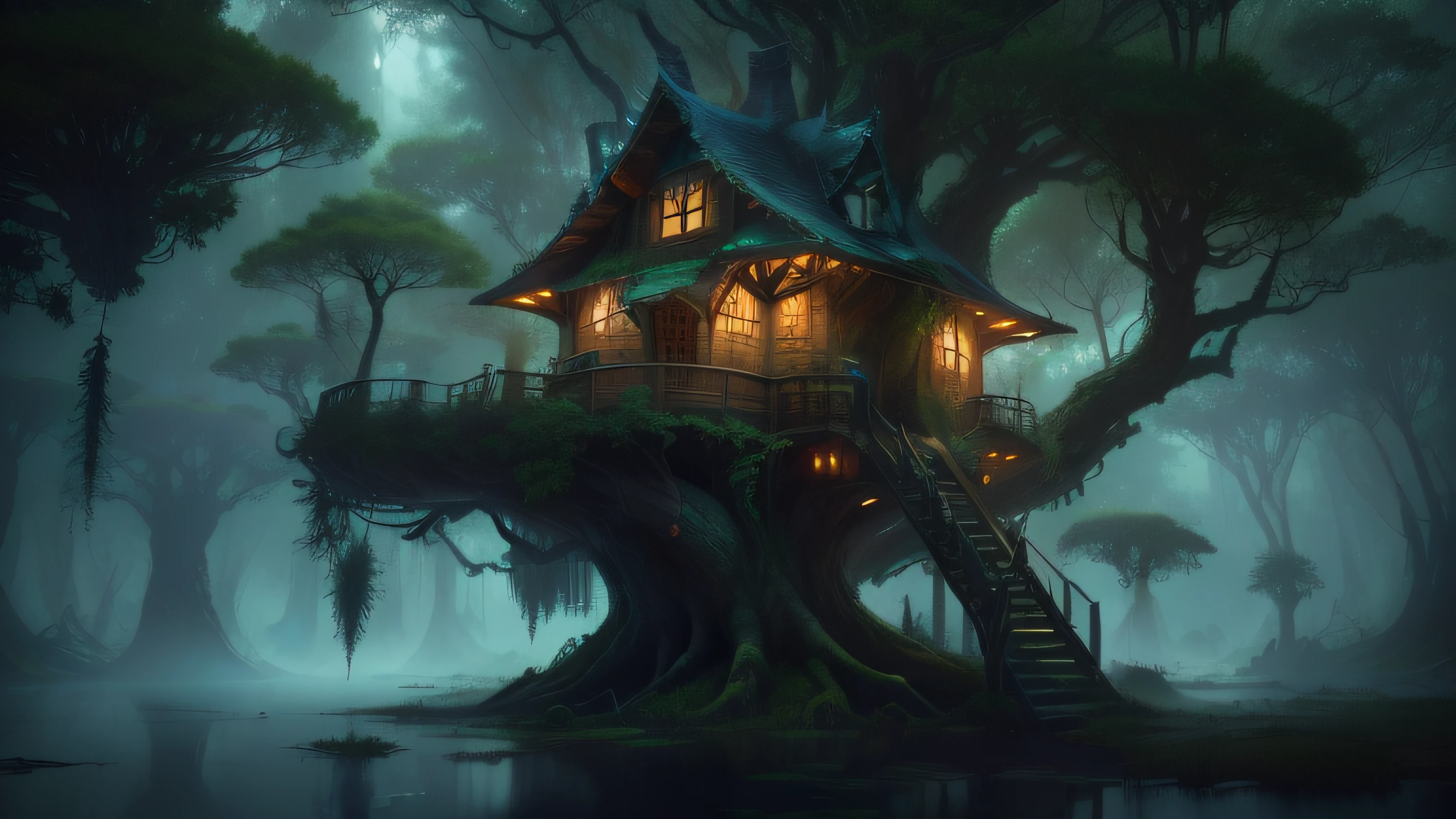 there is a tree house in the middle of a swamp, fantasy house, cyberpunk tree house, tree house, beautiful render of a fairytale, enchanted magical fantasy forest, house in forest, the house in the forest, treehouse, fantasy matte painting,cute, 4k fantasy art, realistic fantasy render, witch cottage in the forest, magical fantasy forest