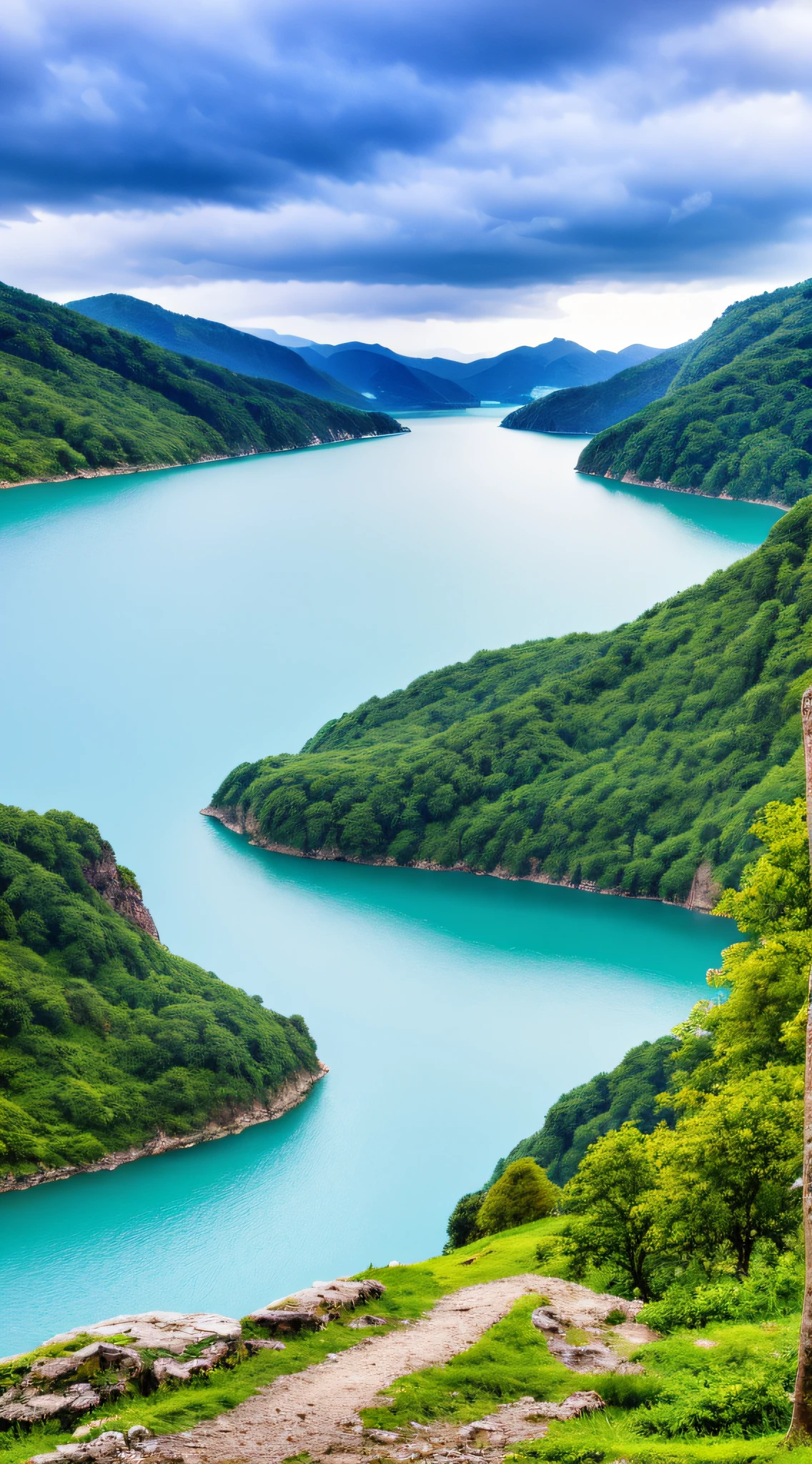 scenery, outdoor, sky, cloud, day, no humans, mountain, panorama, water, tree, blue sky, waterfall, cliff, nature, lake, river, cloudy sky