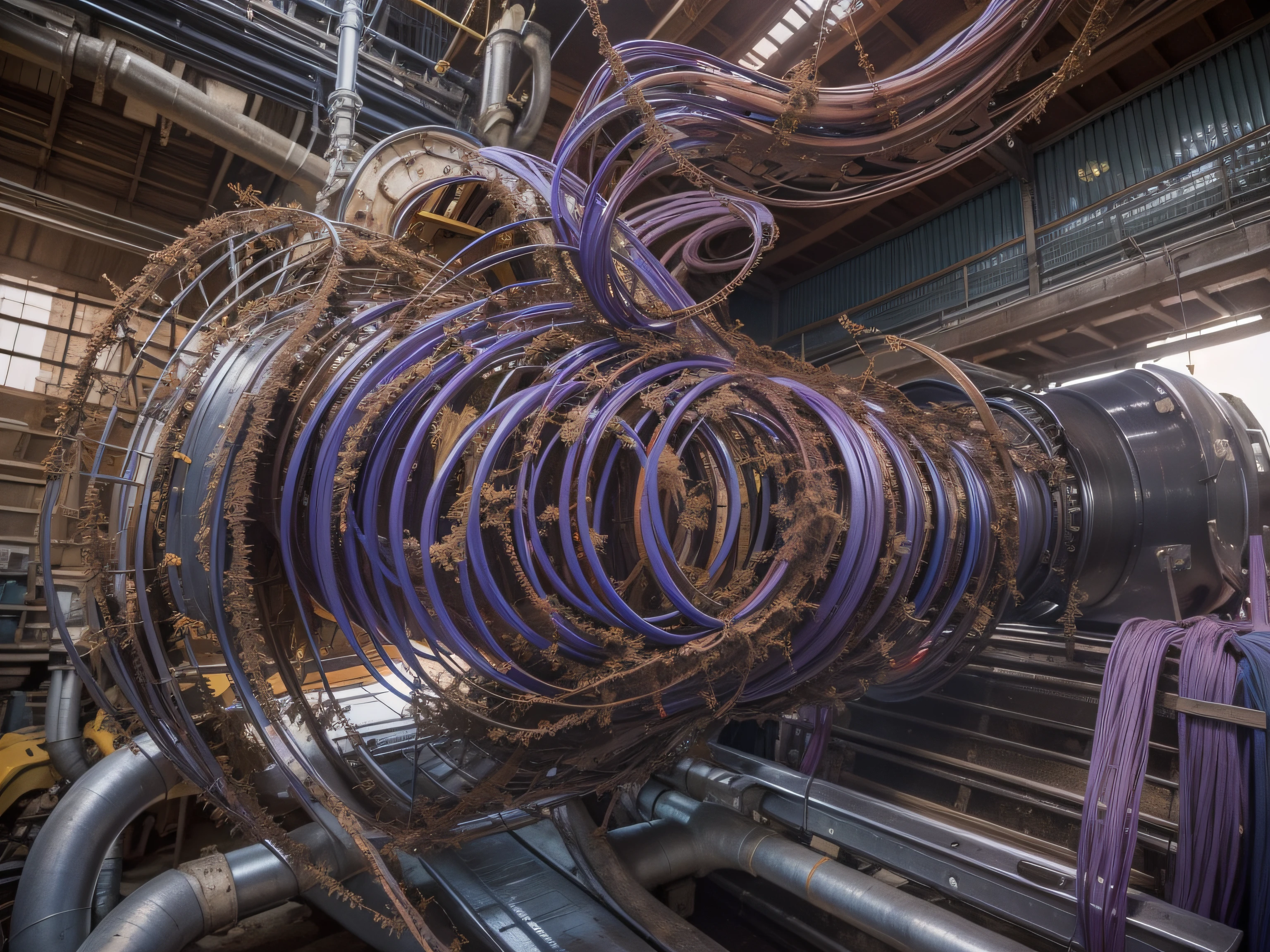 a heavily distorted, fading late morning clear sky, a singular object comprised of contorted feathers/machinery/pipes/rusted components is floating in the air, steel strings weave into each other, warped violet colored machine exterior paneling, extra detail, 4kHD details, best resolution, surrealistic composition, extreme camera angle, motion blur, depth of field, foreshortening, tilted camera angle, cinematic lighting, movie scene, lens flare, fisheye lens perspective view
