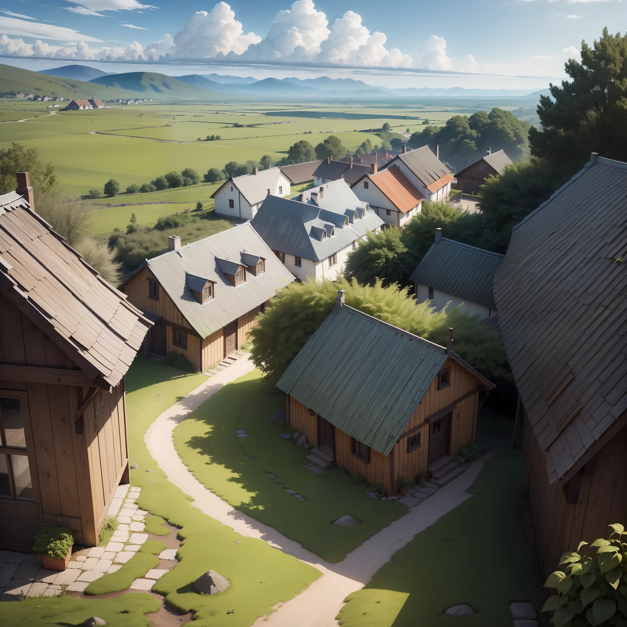 "Imagine a realistic landscape of a vast verdant plain, banhada por chuvas suaves que refrescam o ar. On the edges of the plain, Some charming Nordic villages stand out with their wooden houses painted in earthy tones and sloping roofs covered in moss.

The villages are surrounded by verdant fields and leafy trees, proporcionando um ambiente tranquilo e encantador para os moradores. On the cobbled streets, children play happily and locals greet each other with warm smiles.

The landscape is marked by the simplicity and beauty of Nordic life, where nature and community intertwine harmoniously. The sky is filled with rain-laden clouds, bringing an air of calm and serenity to the scenery.

No horizonte distante, The plain extends as far as the eye can see, creating a sense of infinity and freedom. The combination of the vastness of the plain and the presence of the villages creates a realistic image that inspires peace and contemplation."
