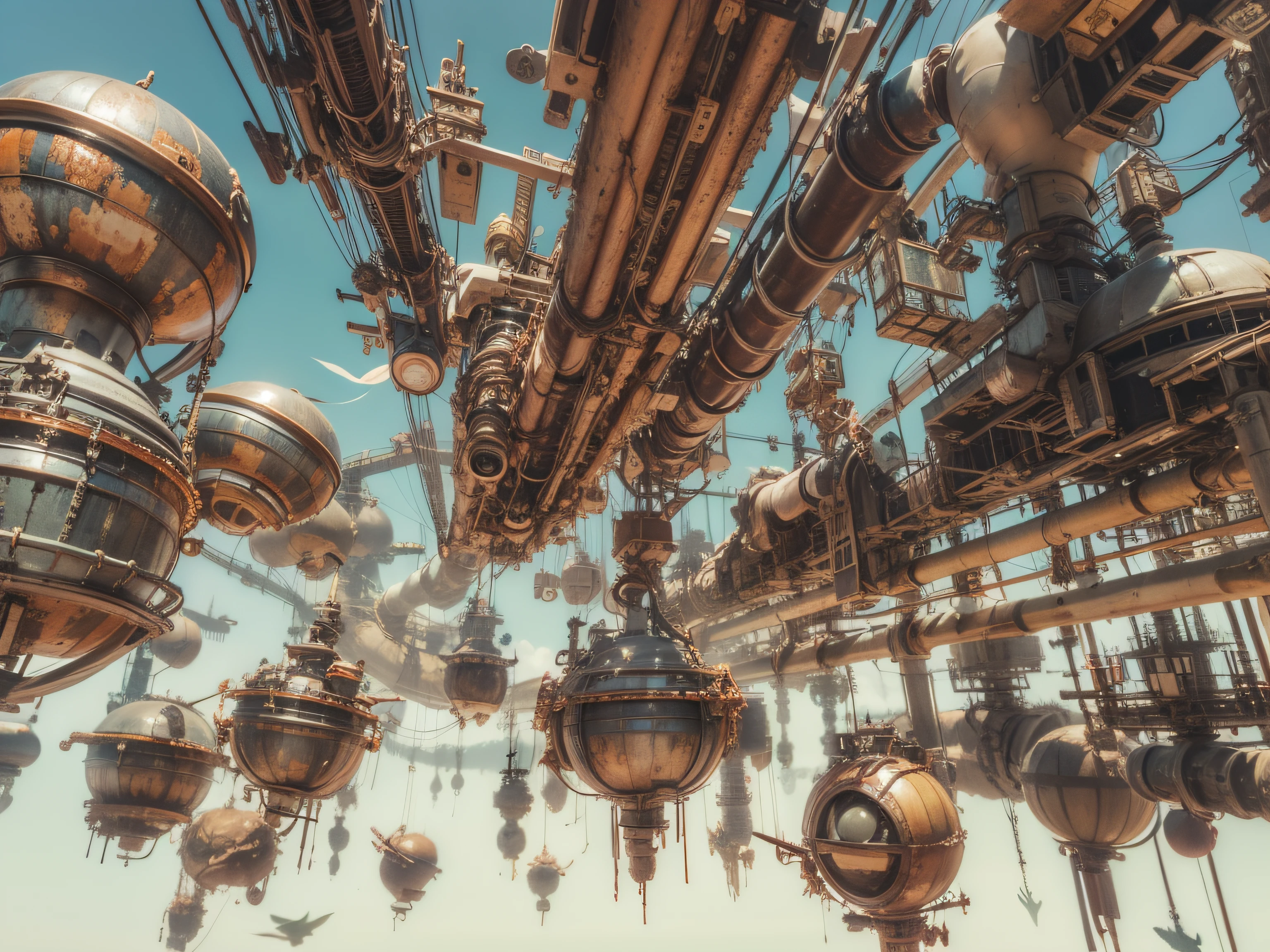 a heavily distorted, fading midday clear sky, multiple objects comprised of contorted feathers/machinery/pipes/rusted components are floating in the air, extra detail, 4kHD details, best resolution, surrealistic composition, extreme camera angle, motion blur, depth of field, foreshortening, tilted camera angle, cinematic lighting, movie scene, precise details, intense details, panoramic image, INTENSE LENS FLARES