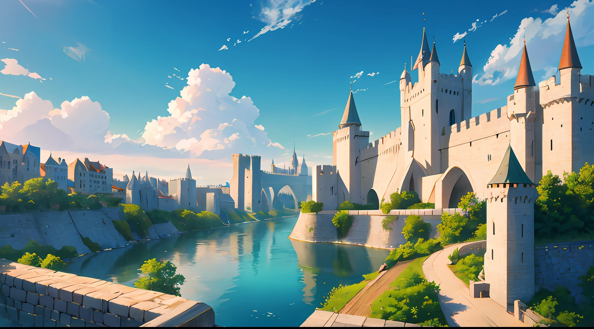 A medieval city with a Big white castle on the midle surrounded by a river surrounded by a wall