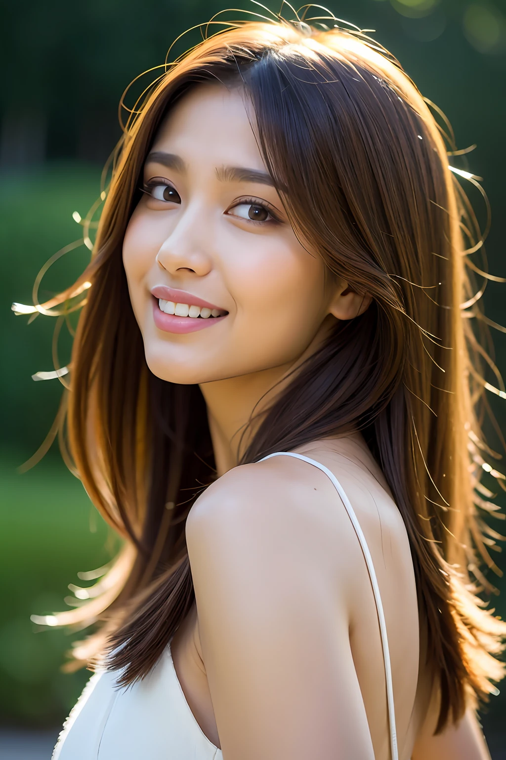 best quality, ultra high res, (photorealistic:1.4), masterpiece, 1girl, brown skin color, brown_eyes, from_behind, fur_trim, hair_over_one_eye, lips, long_hair, make up, looking_at_viewer, looking_back, nose, photo_\(medium\), photorealistic, realistic, solo, teeth, upper_body