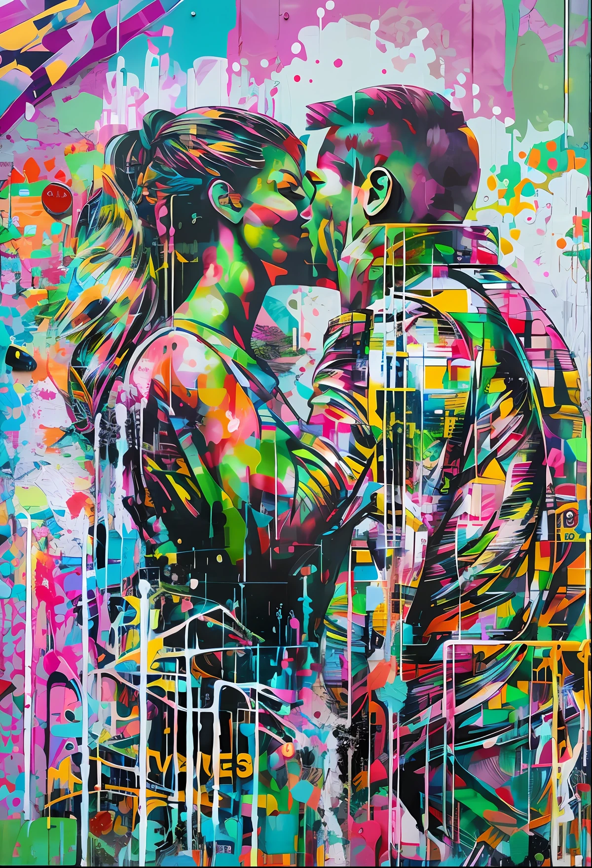 Graffiti of a man kissing a woman , splashed with graffiti art, Art graffiti, inspired by Sandra Chevrier, graffiti street art, Urban art style, stunning artwork, Art urbain, graffiti inspired, beautiful artwork, Art graffiti style, inspired by Derek Gores, par Derek Gores, Art grafitti, Article 4K