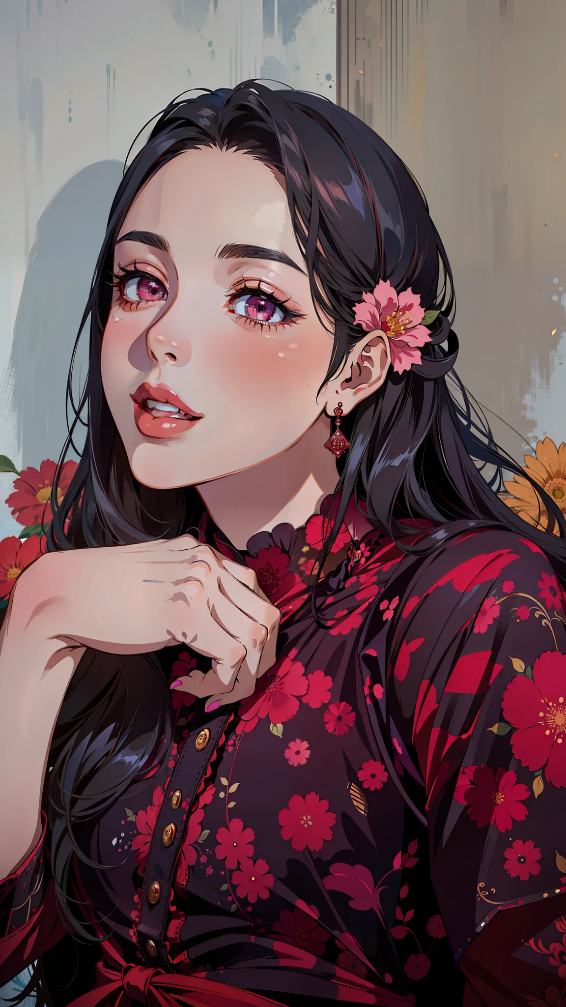 (masterpiece),(best quality:1.0), (ultra highres:1.0), detailed illustration, 8k, anime, 1girl, beautiful anime girl, wearing a red dress , intricate details, black eyes, detailed eyes, black hair, detailed hair detailed, highlights on hair, red-ish pink flower on ear, smiling, red lipstick, perfect lips, anime style, best quality, detailed
