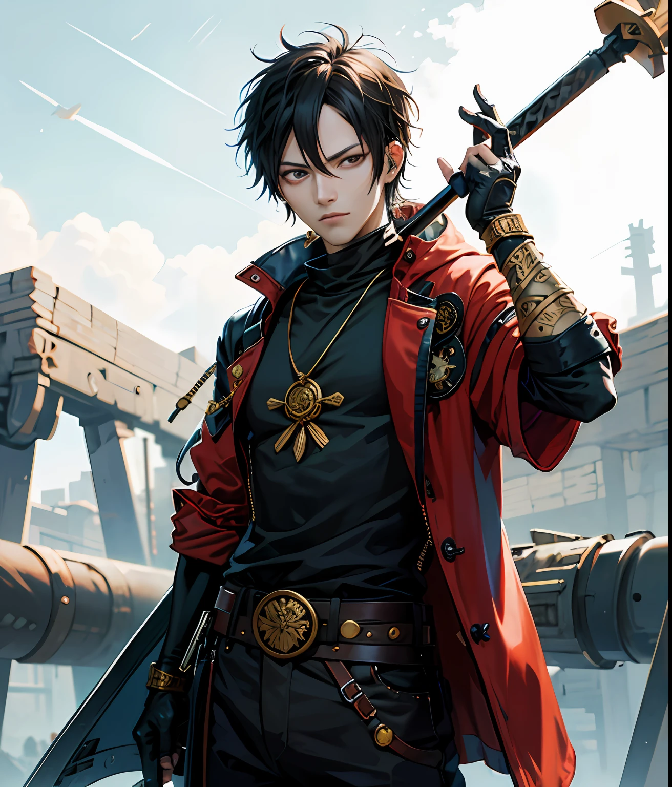 Roronoa Zoro, one piece аниме, ember, earings, s face, long black hair, ornaments, male_focus, En plein air, Short_hairsh, symmetrical body, portraite of a, 电影灯光, high contrast, artstation, character concept art, 8K, Simple background, scar above one eye