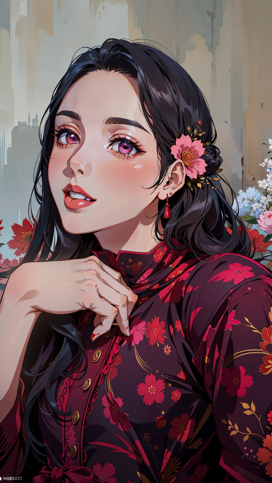 (masterpiece),(best quality:1.0), (ultra highres:1.0), detailed illustration, 8k, anime, 1girl, beautiful anime girl, wearing a red dress , intricate details, black eyes, detailed eyes, black hair, detailed hair detailed, highlights on hair, red-ish pink flower on ear, smiling, red lipstick, perfect lips, anime style, best quality, detailed