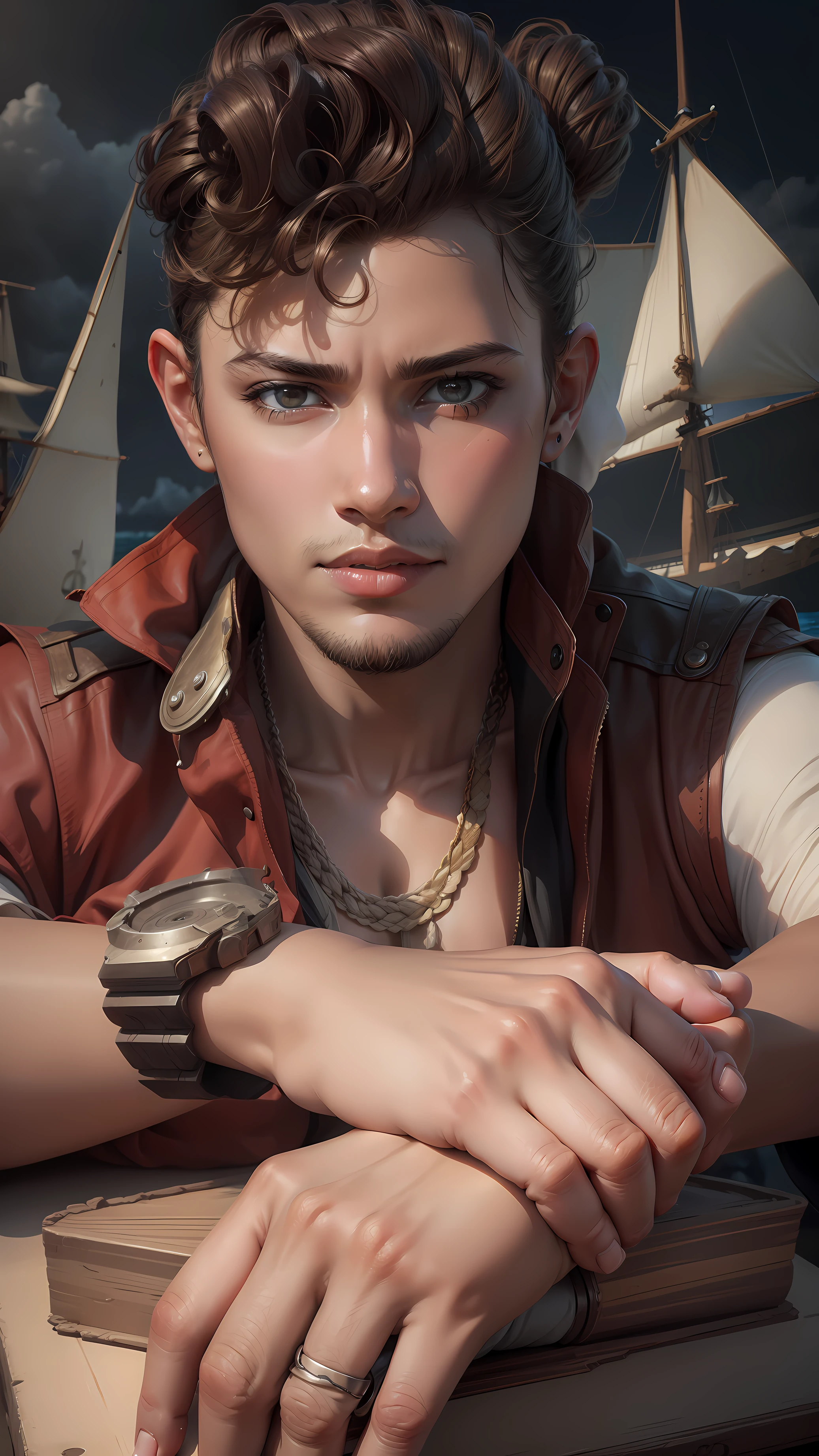 Realistic skin tone , hand cover , eyes brown , background change , colour grade realistic, set hair , old picture with futurestic ship and weather , clear photo high resolution image 8k
